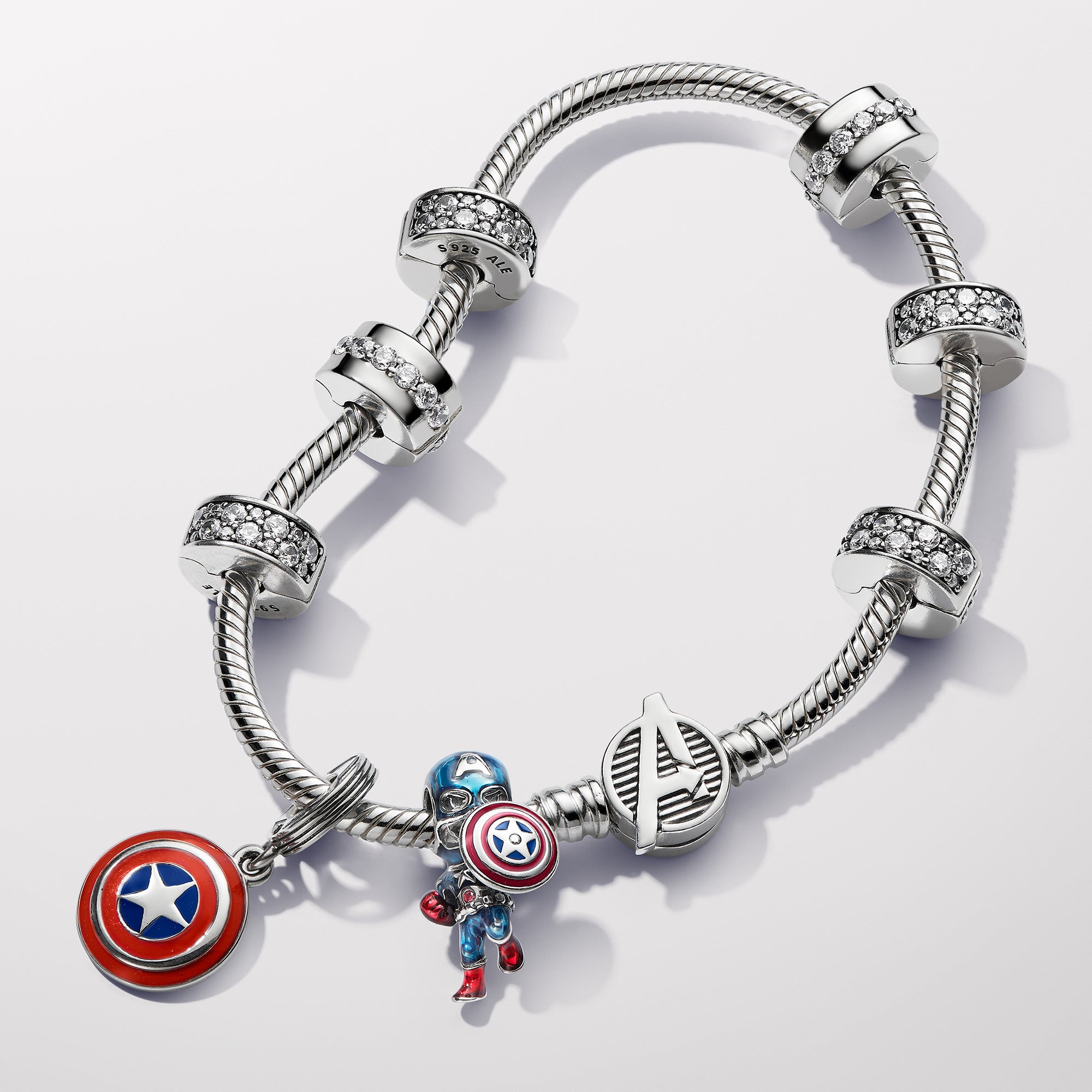 Marvel Captain America Sterling Silver Charm With Clear And Red Cubic Zirconia, Red And Blue Enamel