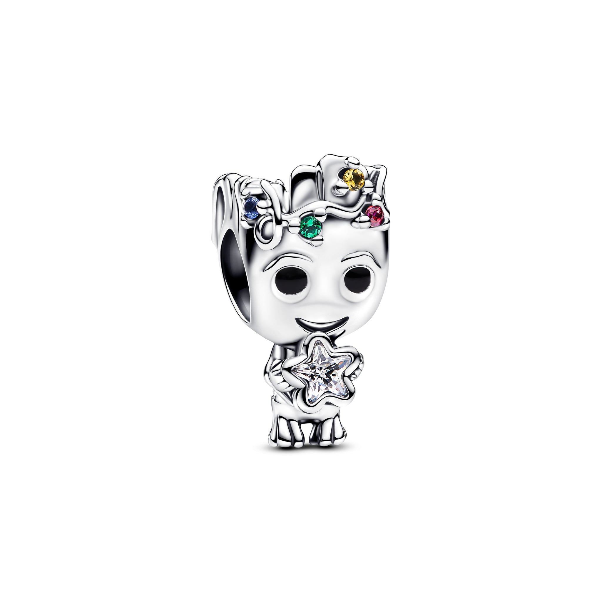 Marvel Groot Sterling Silver Charm With Clear And Red Cubic Zirconia, Blue, Green And Yellow Crystal And Black Enamel