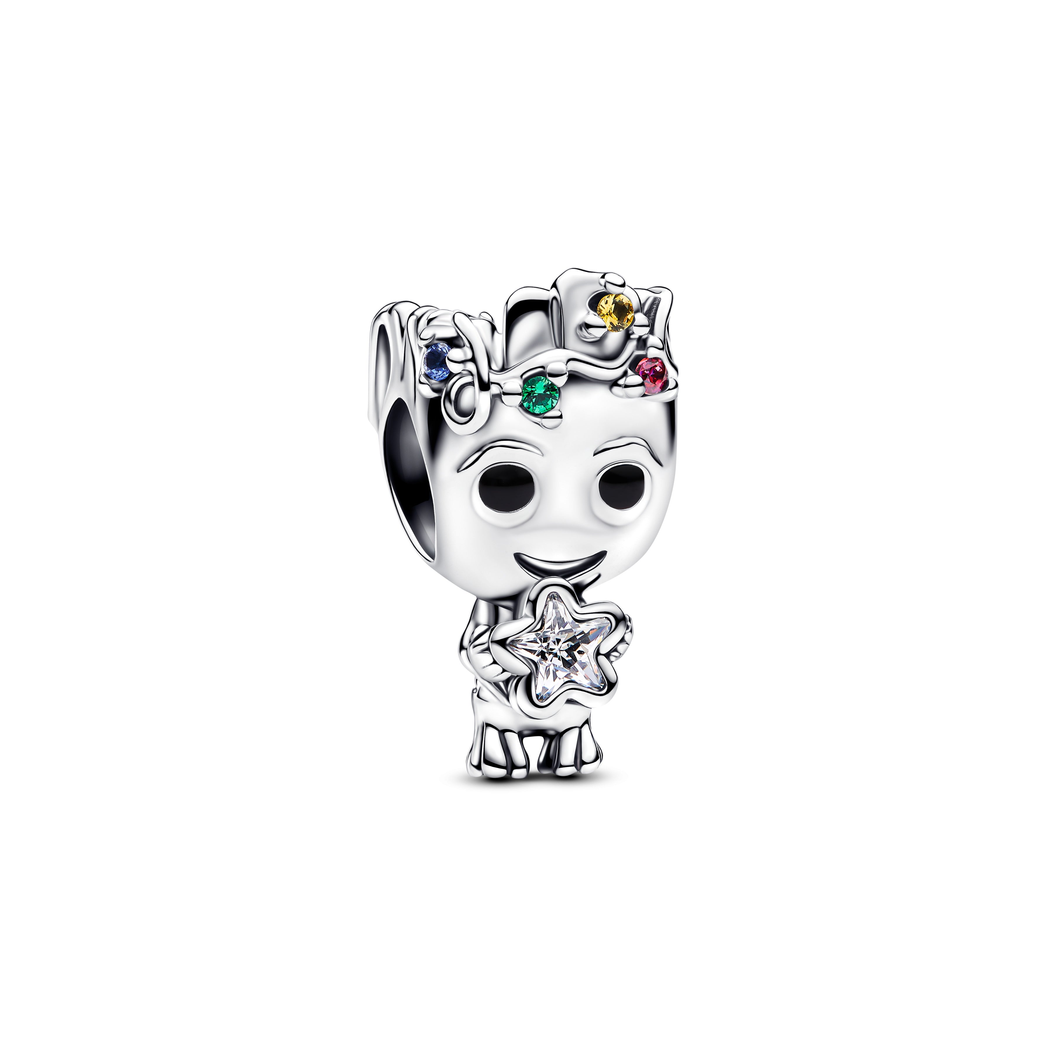 Marvel Groot Sterling Silver Charm With Clear And Red Cubic Zirconia, Blue, Green And Yellow Crystal And Black Enamel