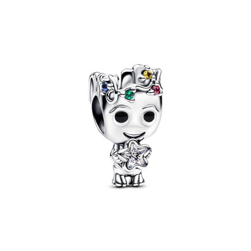 Marvel Groot Sterling Silver Charm With Clear And Red Cubic Zirconia, Blue, Green And Yellow Crystal And Black Enamel
