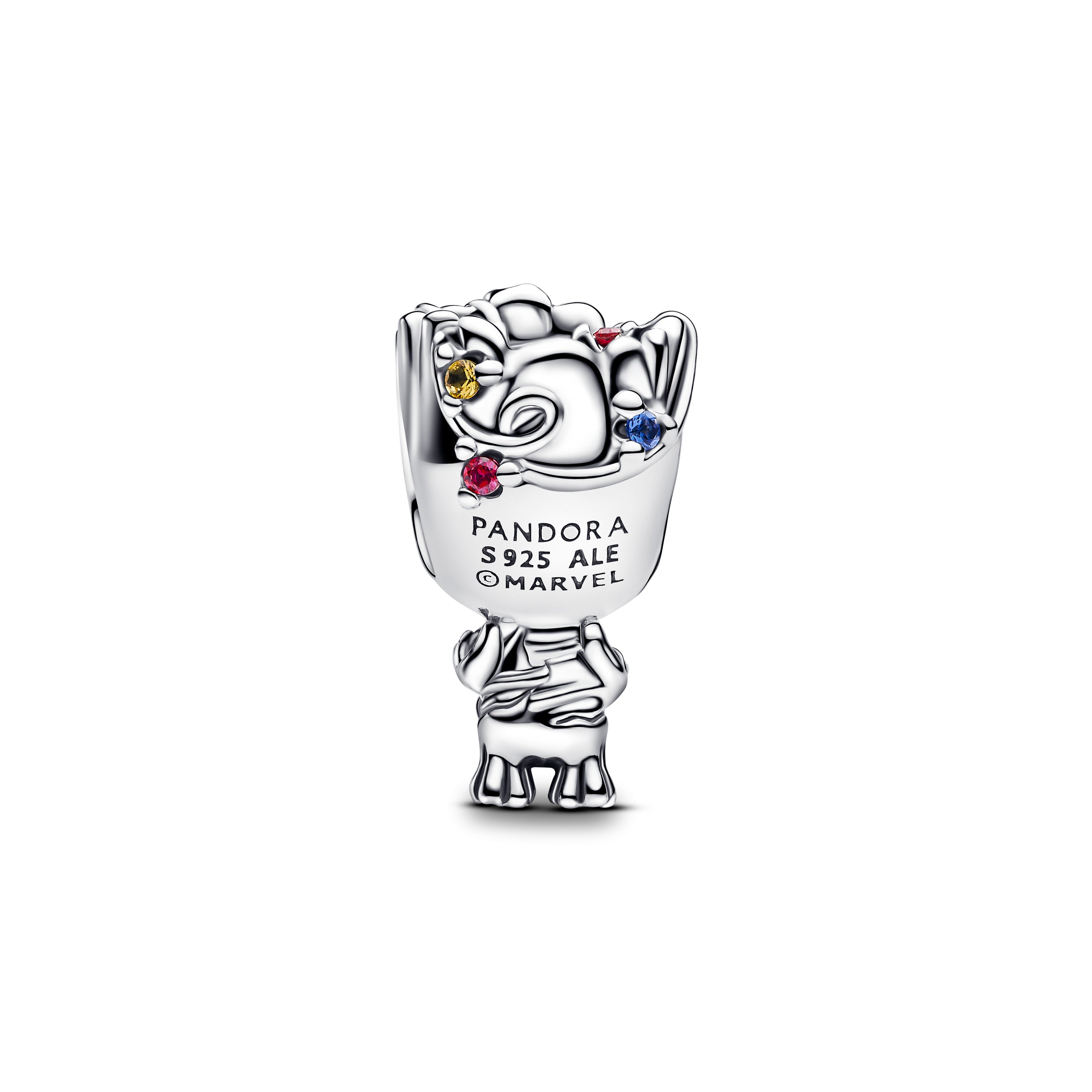 Marvel Groot Sterling Silver Charm With Clear And Red Cubic Zirconia, Blue, Green And Yellow Crystal And Black Enamel