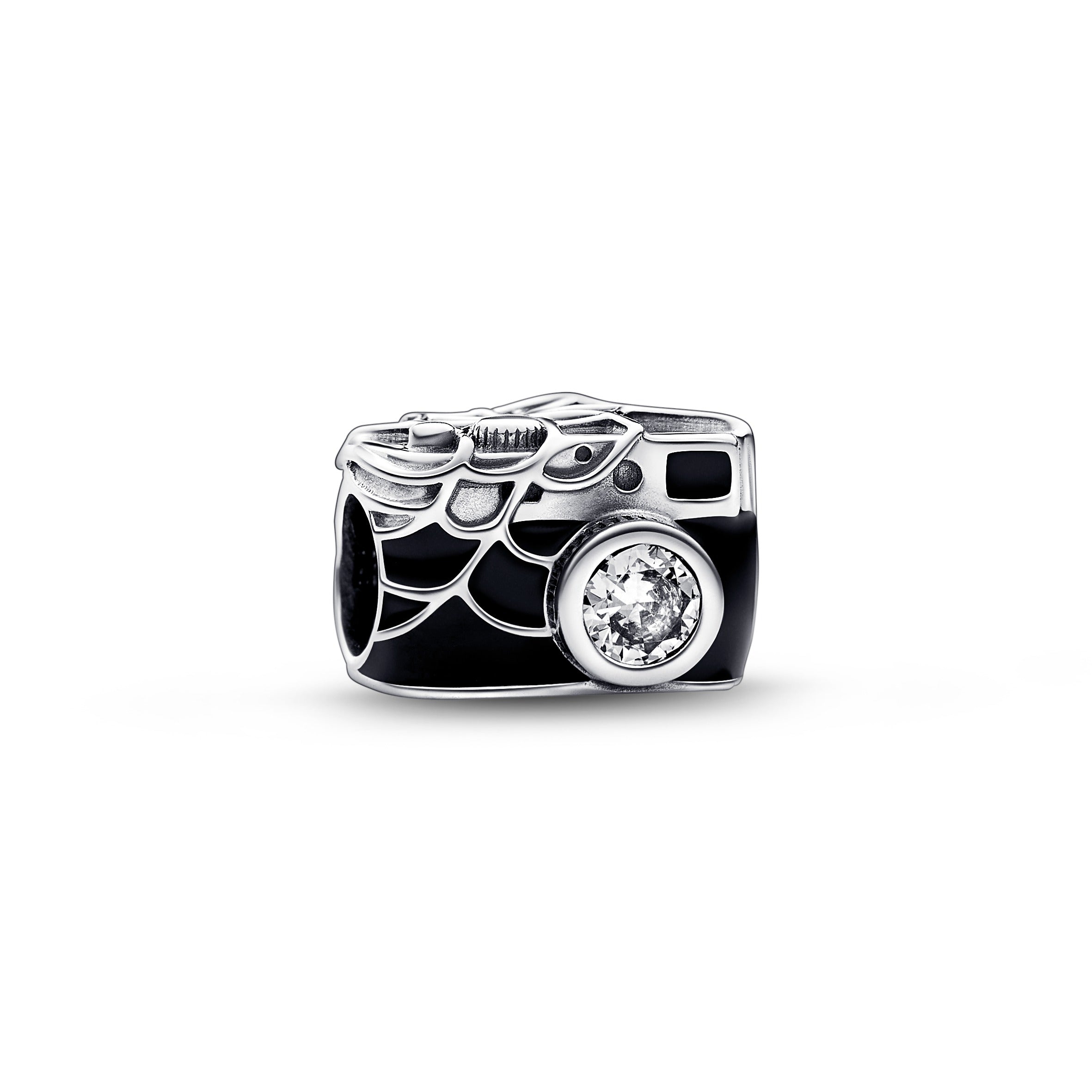 Marvel Spider-Man Camera Sterling Silver Charm With Clear Cubic Zirconia, Black, Blue And Transparent Red Enamel