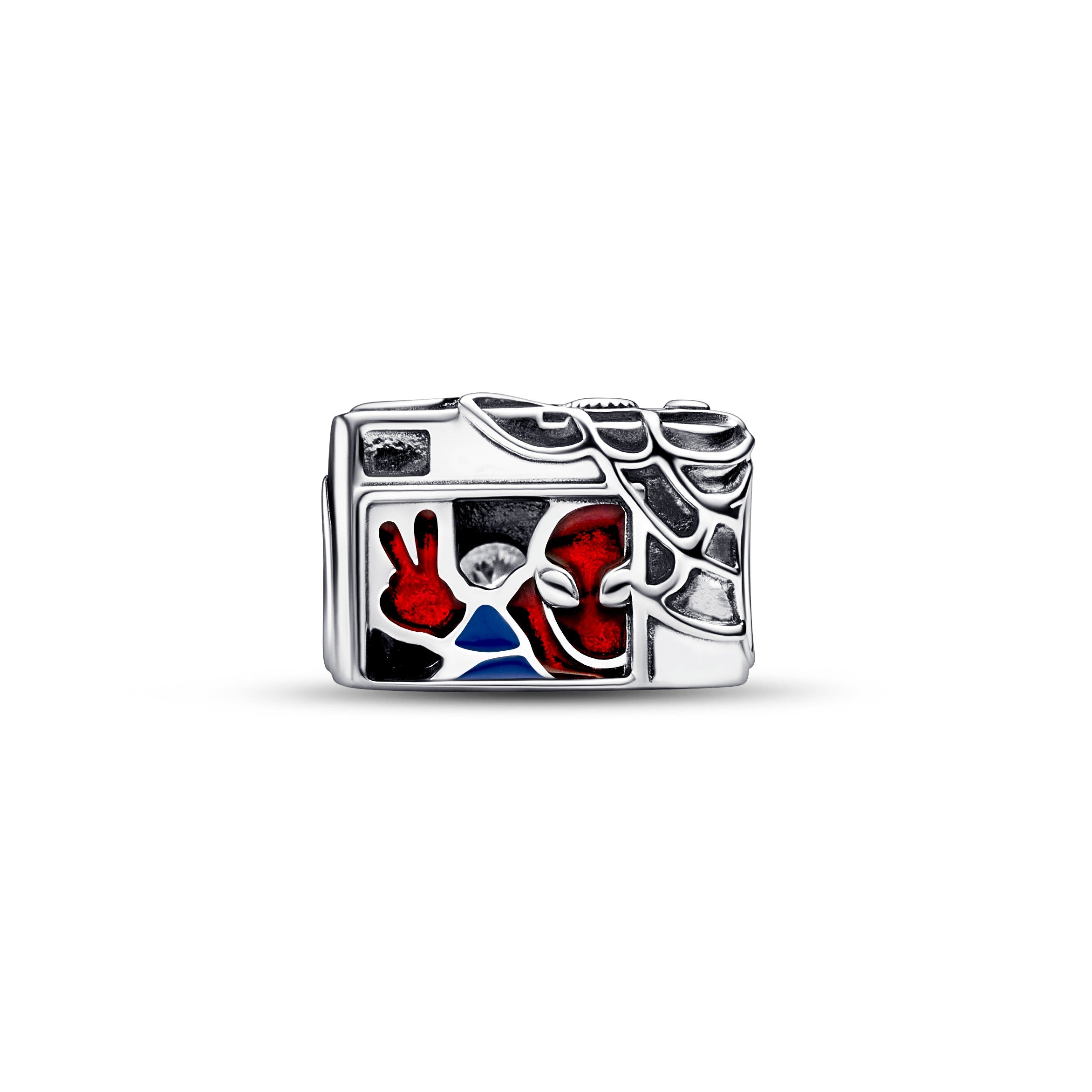 Marvel Spider-Man Camera Sterling Silver Charm With Clear Cubic Zirconia, Black, Blue And Transparent Red Enamel