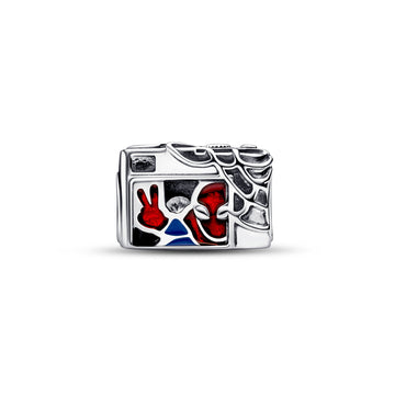 Marvel Spider-Man Camera Sterling Silver Charm With Clear Cubic Zirconia, Black, Blue And Transparent Red Enamel