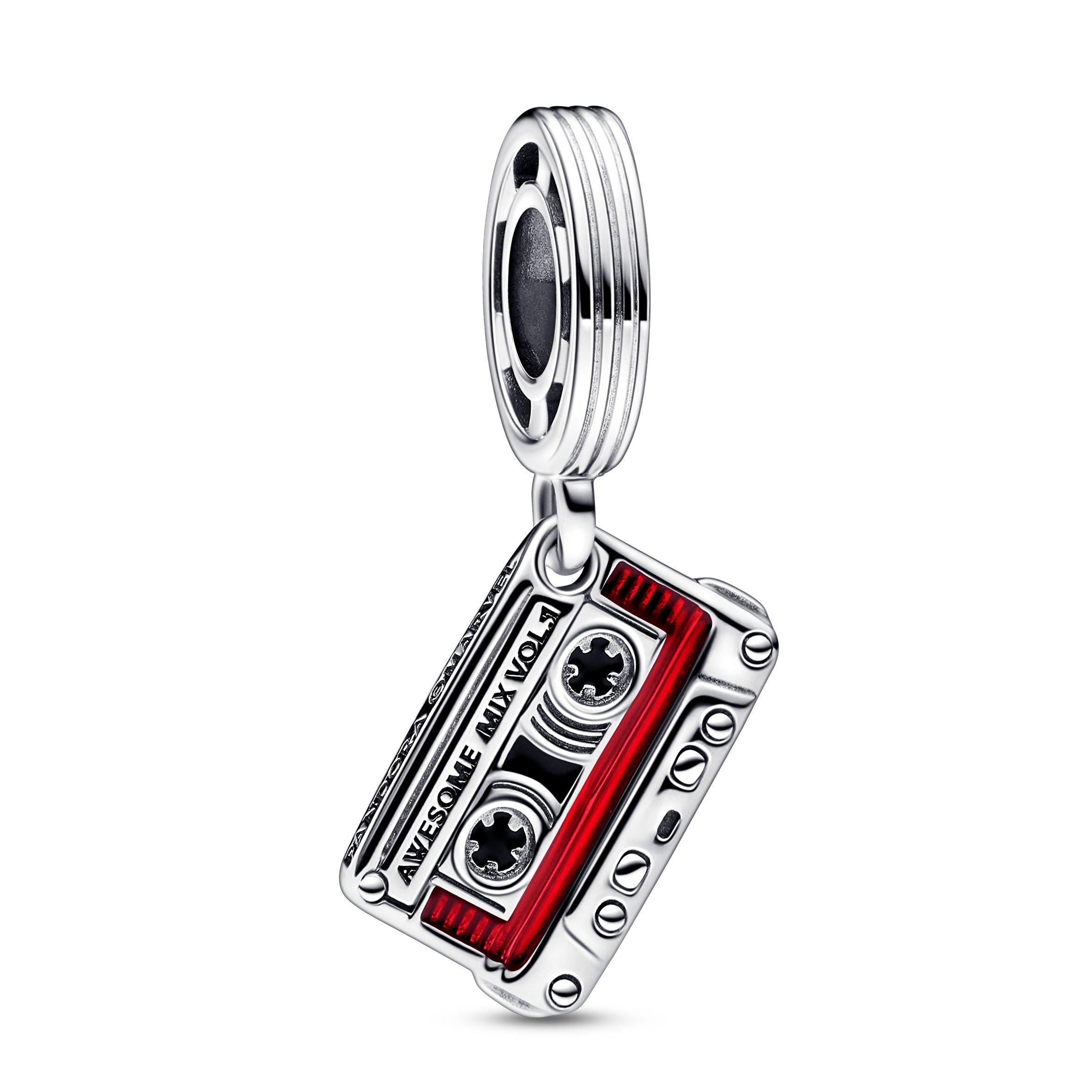 Marvel Cassette Tape Sterling Silver Dangle With Black And Transparent Red Enamel