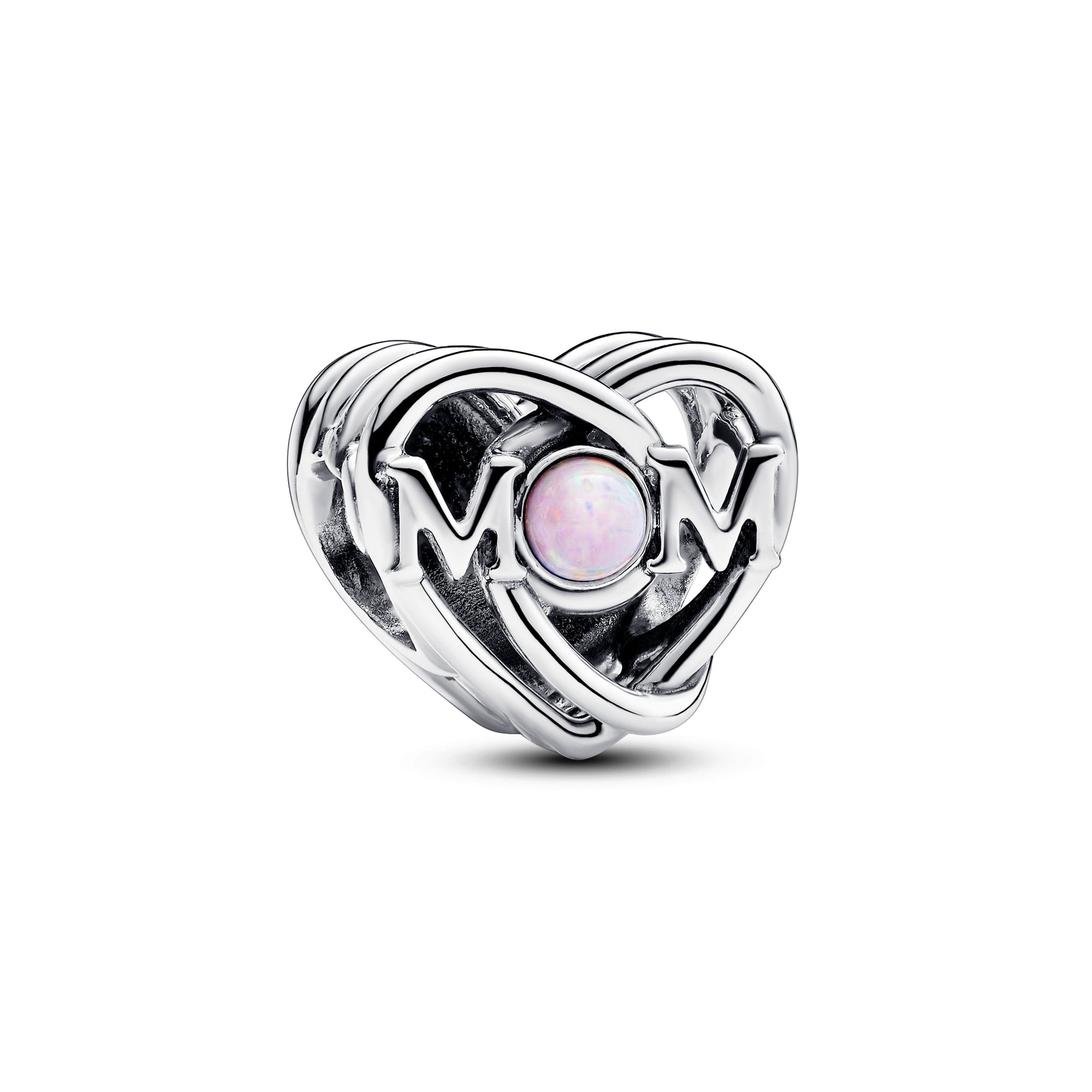 Mom Heart Sterling Silver Charm With Pink Lab-Created Opal