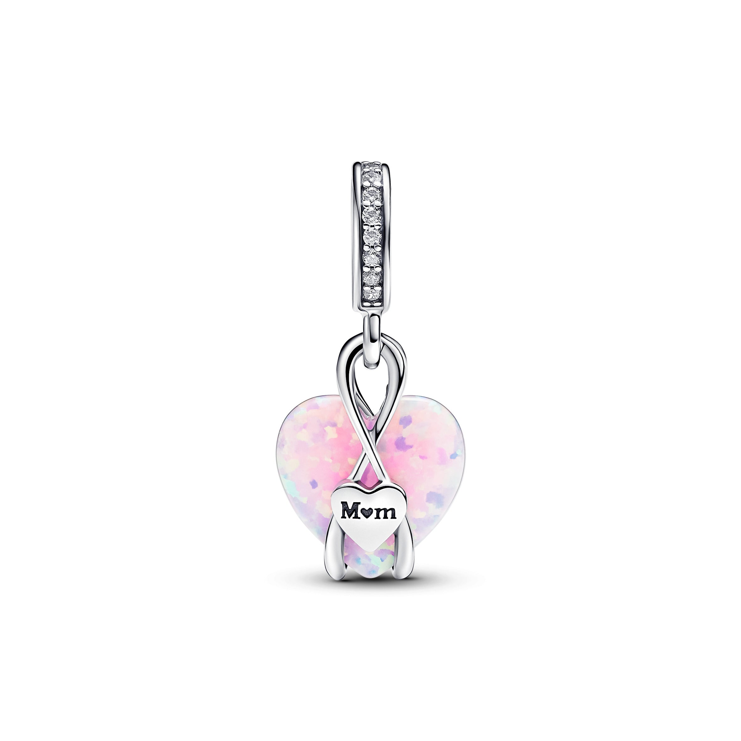 Mom Heart Sterling Silver Dangle With Pink Lab-Created Opal And Clear Cubic Zirconia