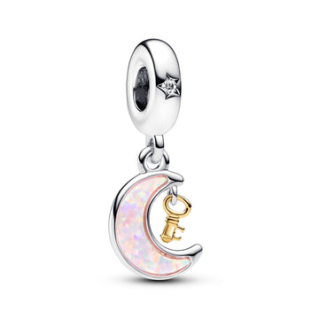 Moon And Key Sterling Silver And 14K Gold-Plated Dangle With Clear Cubic Zirconia And Pink Lab-Created Opal