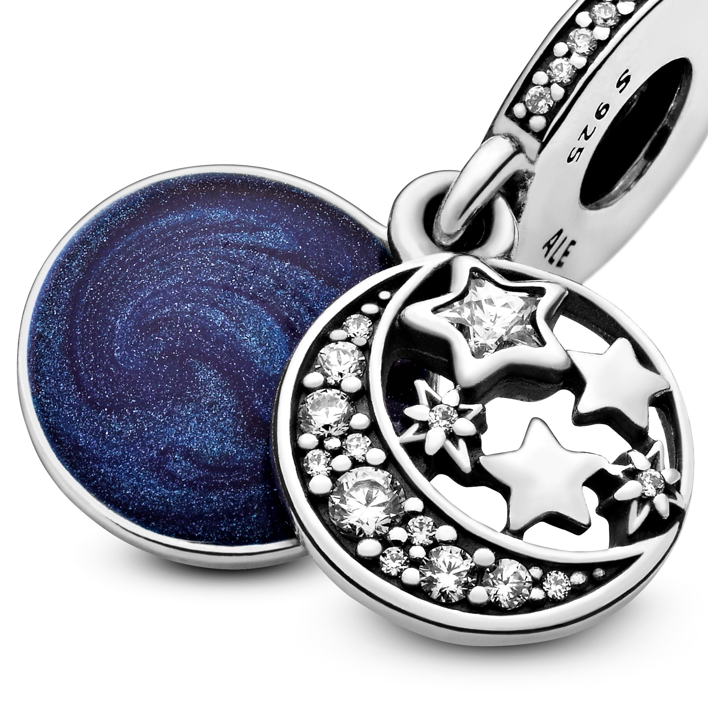 Moon And Star Silver Dangle With Clear Cubic Zirconia And Blue Enamel