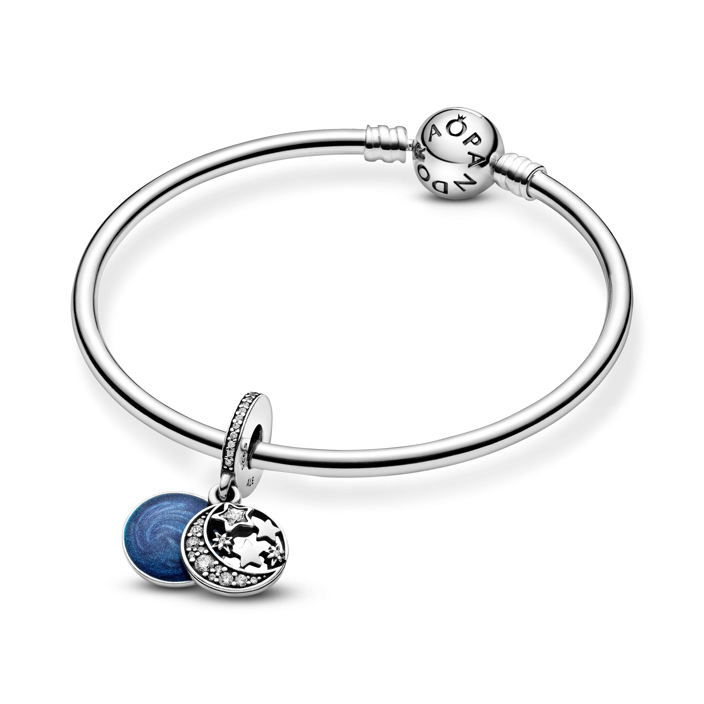 Moon And Star Silver Dangle With Clear Cubic Zirconia And Blue Enamel