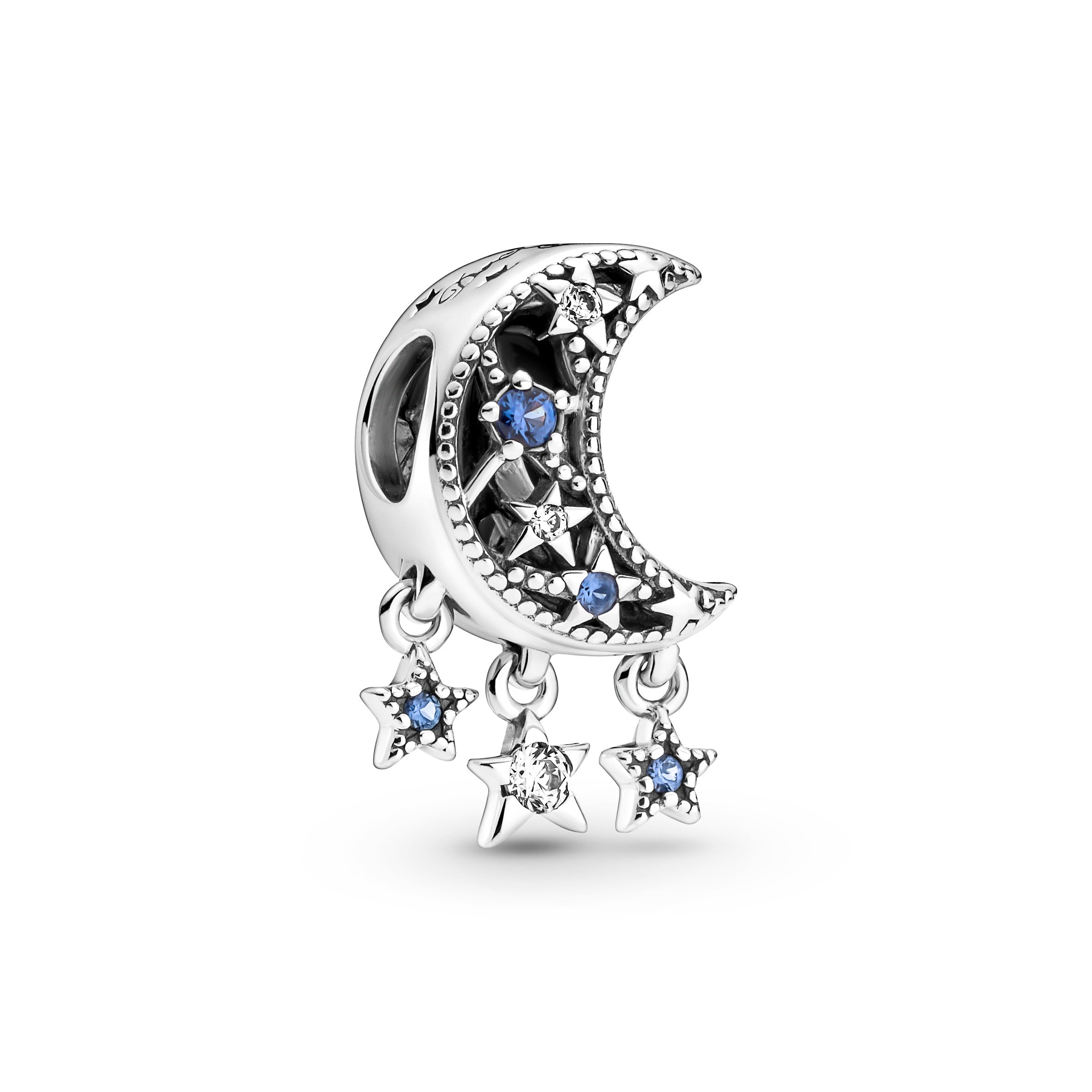 Moon And Star Sterling Silver Charm With Stellar Blue Crystal And Clear Cubic Zirconia