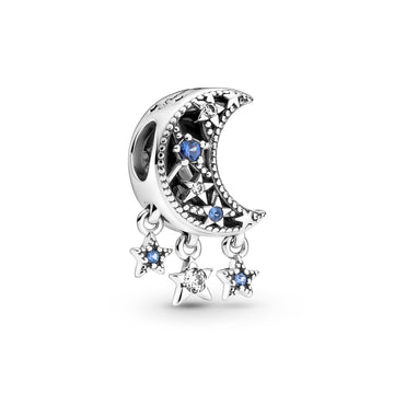 Moon And Star Sterling Silver Charm With Stellar Blue Crystal And Clear Cubic Zirconia