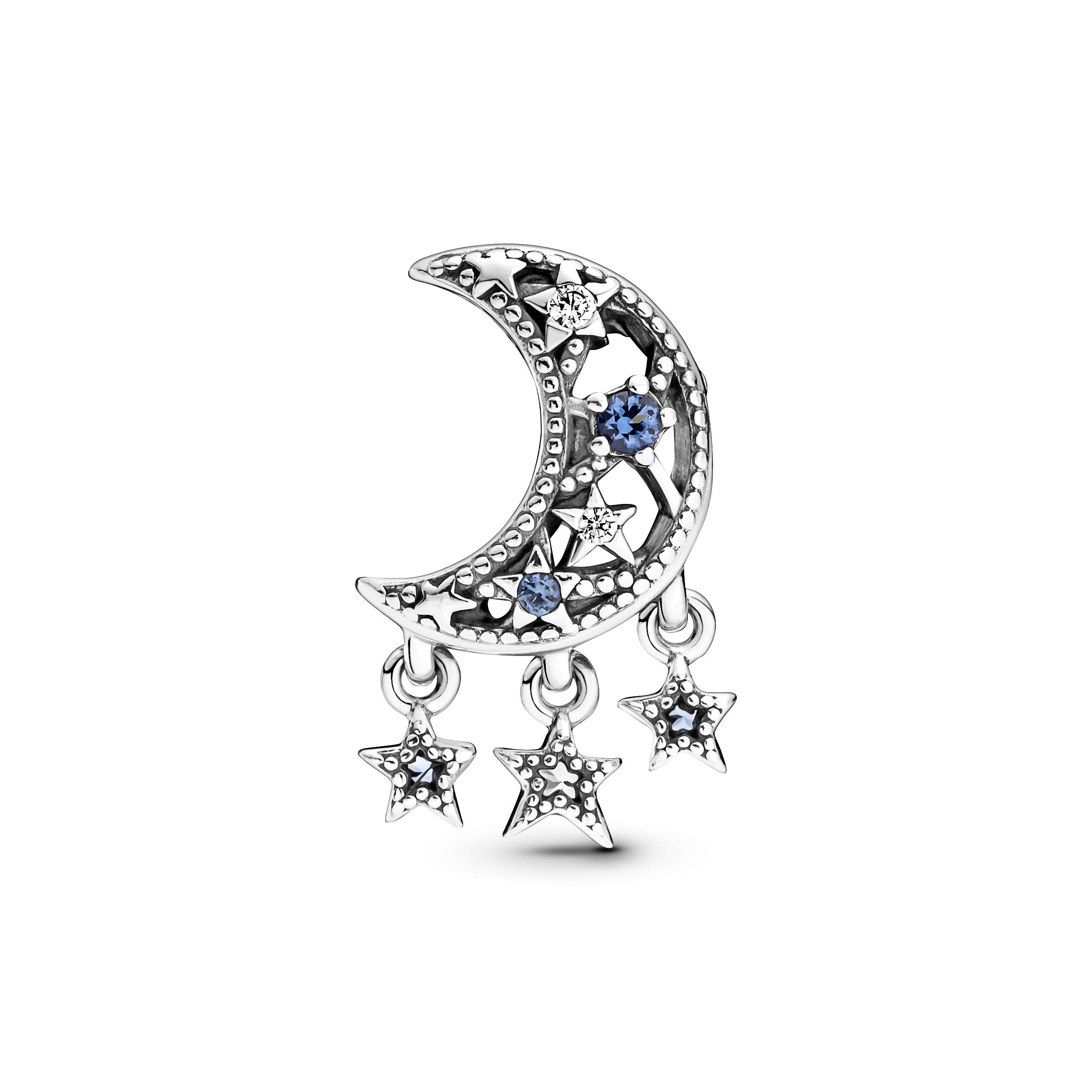 Moon And Star Sterling Silver Charm With Stellar Blue Crystal And Clear Cubic Zirconia