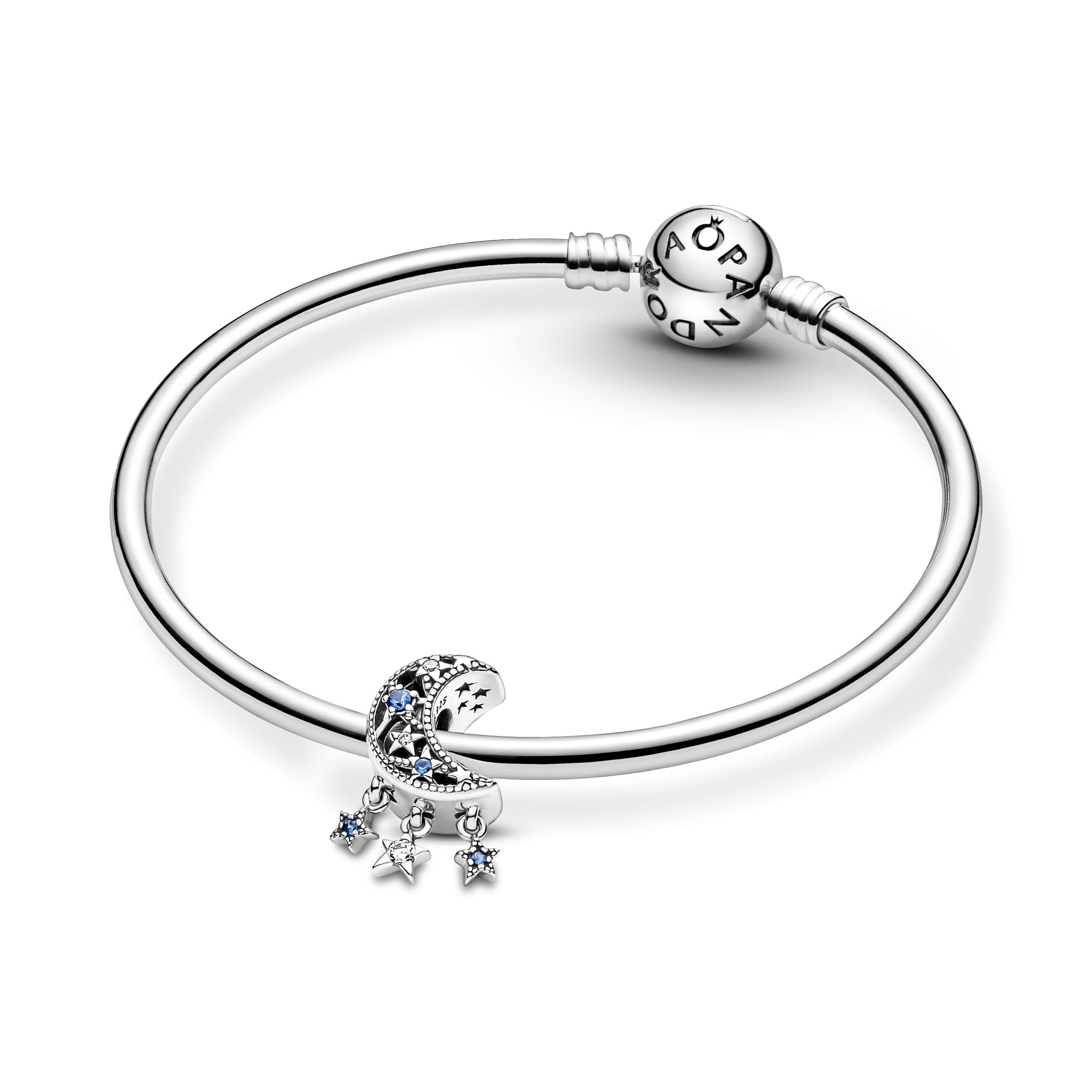 Moon And Star Sterling Silver Charm With Stellar Blue Crystal And Clear Cubic Zirconia