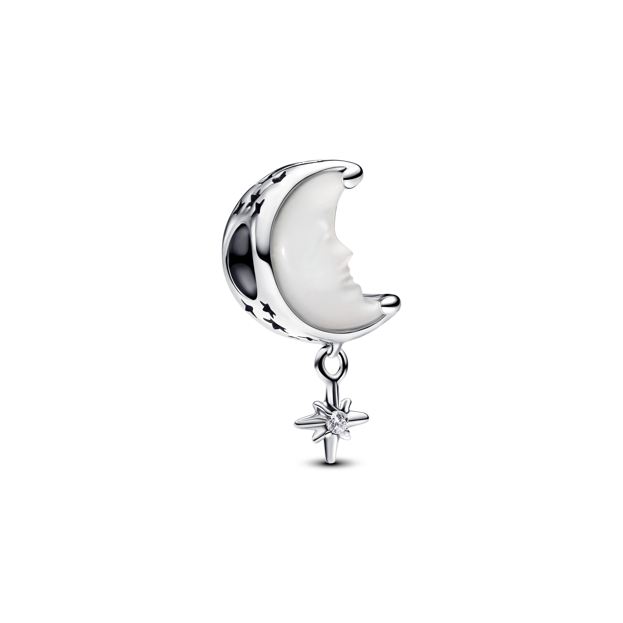 Moon And Star Sterling Silver Charm With White Bioresin Mother Of Pearl And Clear Cubic Zirconia