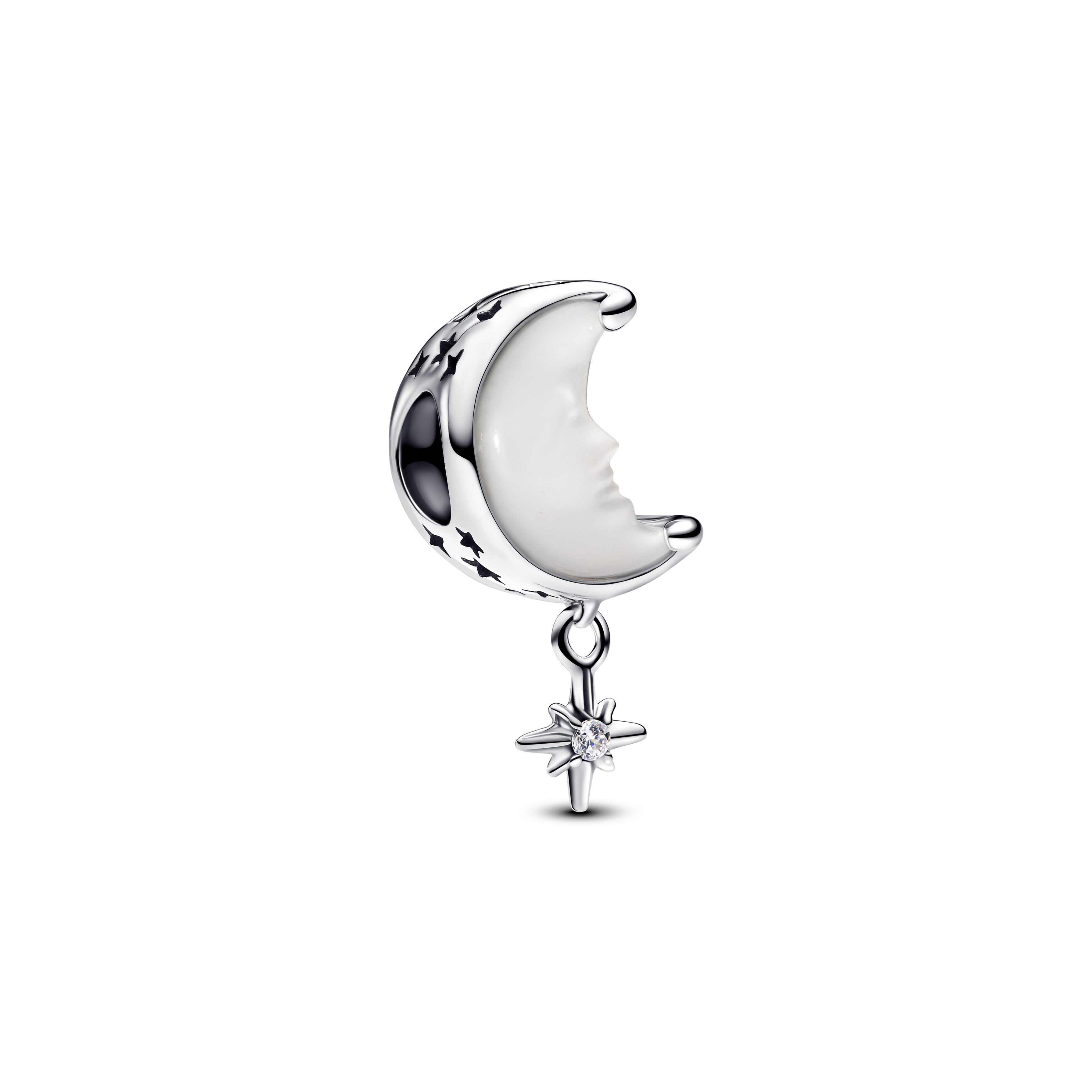 Moon And Star Sterling Silver Charm With White Bioresin Mother Of Pearl And Clear Cubic Zirconia