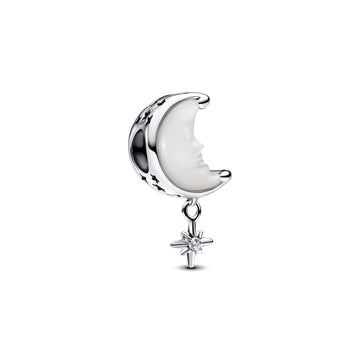 Moon And Star Sterling Silver Charm With White Bioresin Mother Of Pearl And Clear Cubic Zirconia