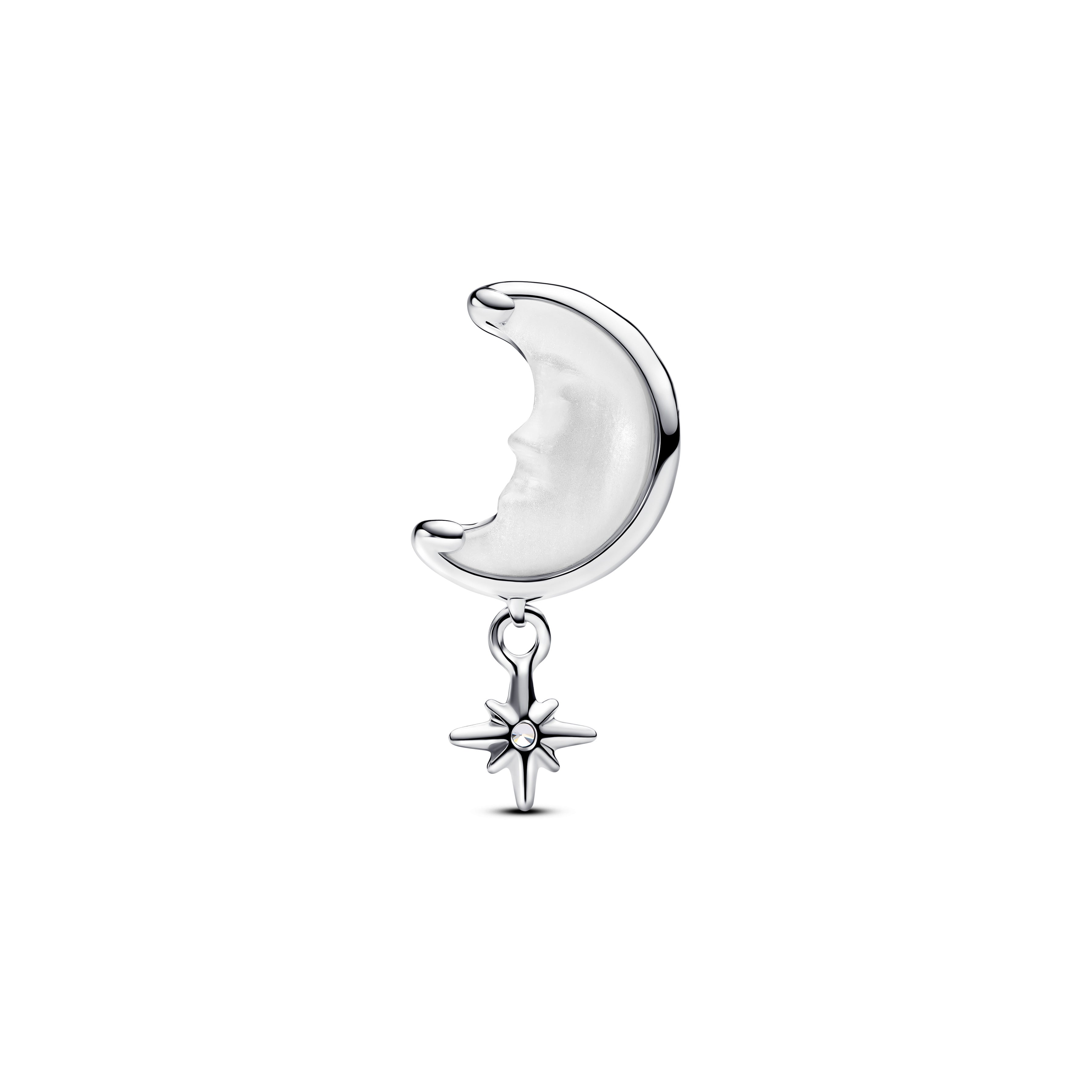 Moon And Star Sterling Silver Charm With White Bioresin Mother Of Pearl And Clear Cubic Zirconia
