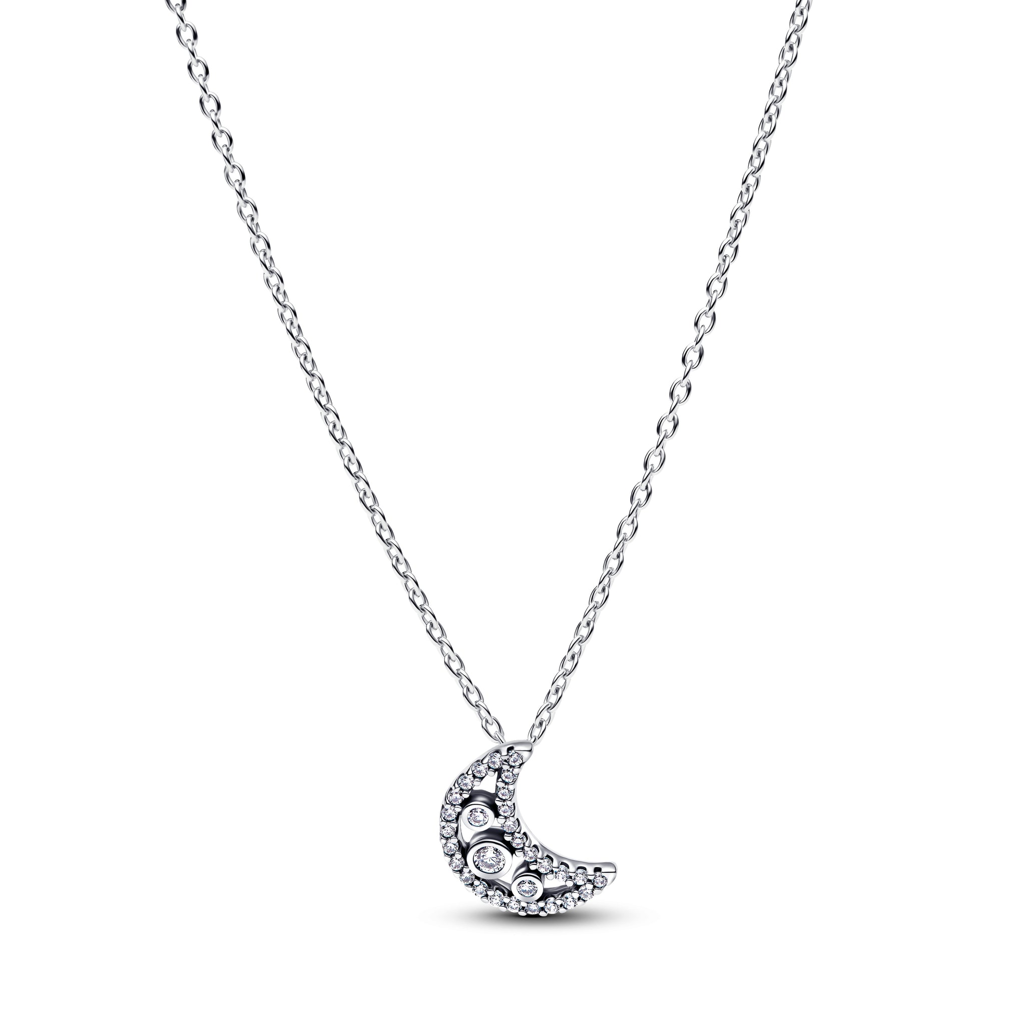 Moon Sterling Silver Pendant Necklace With Clear Cubic Zirconia