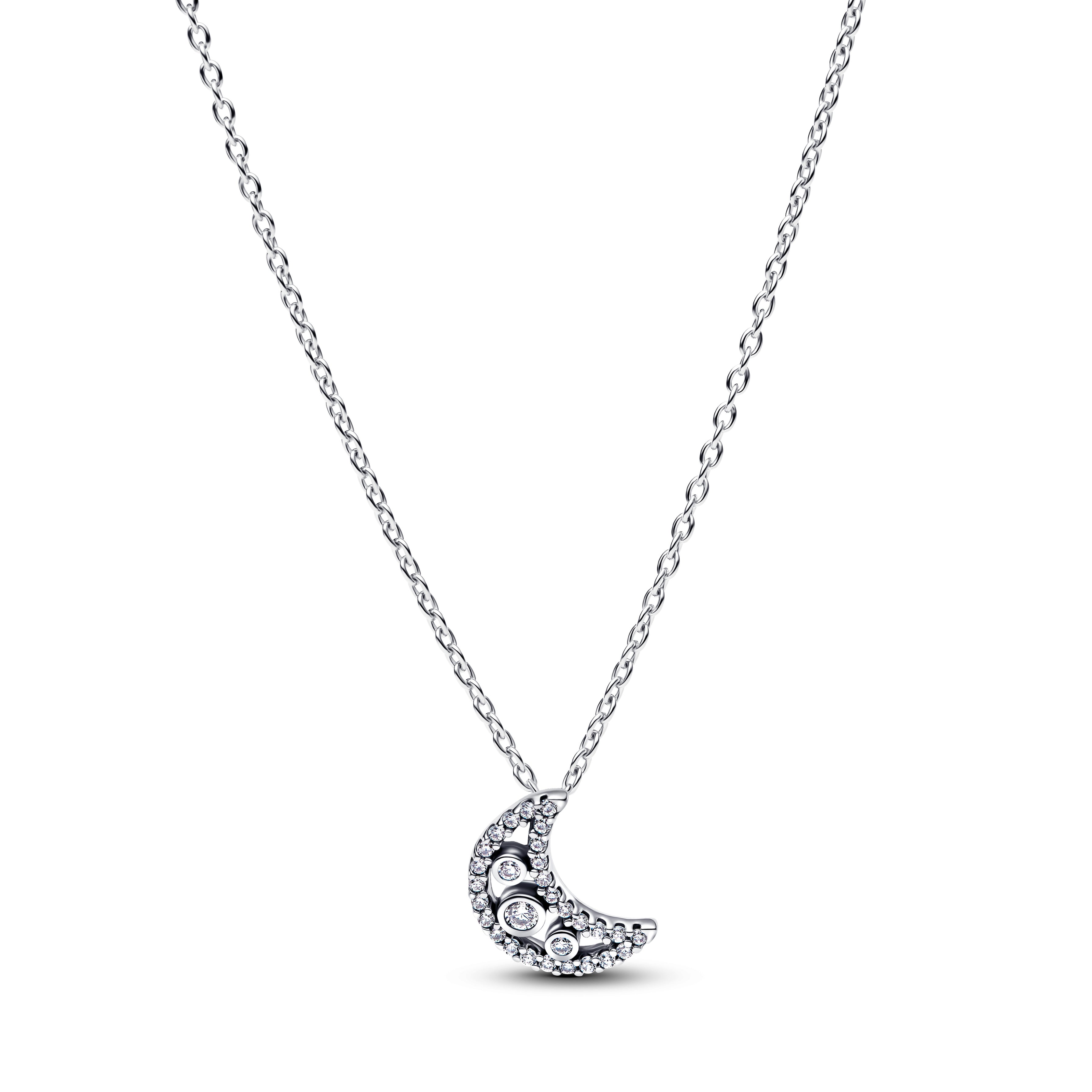 Moon Sterling Silver Pendant Necklace With Clear Cubic Zirconia