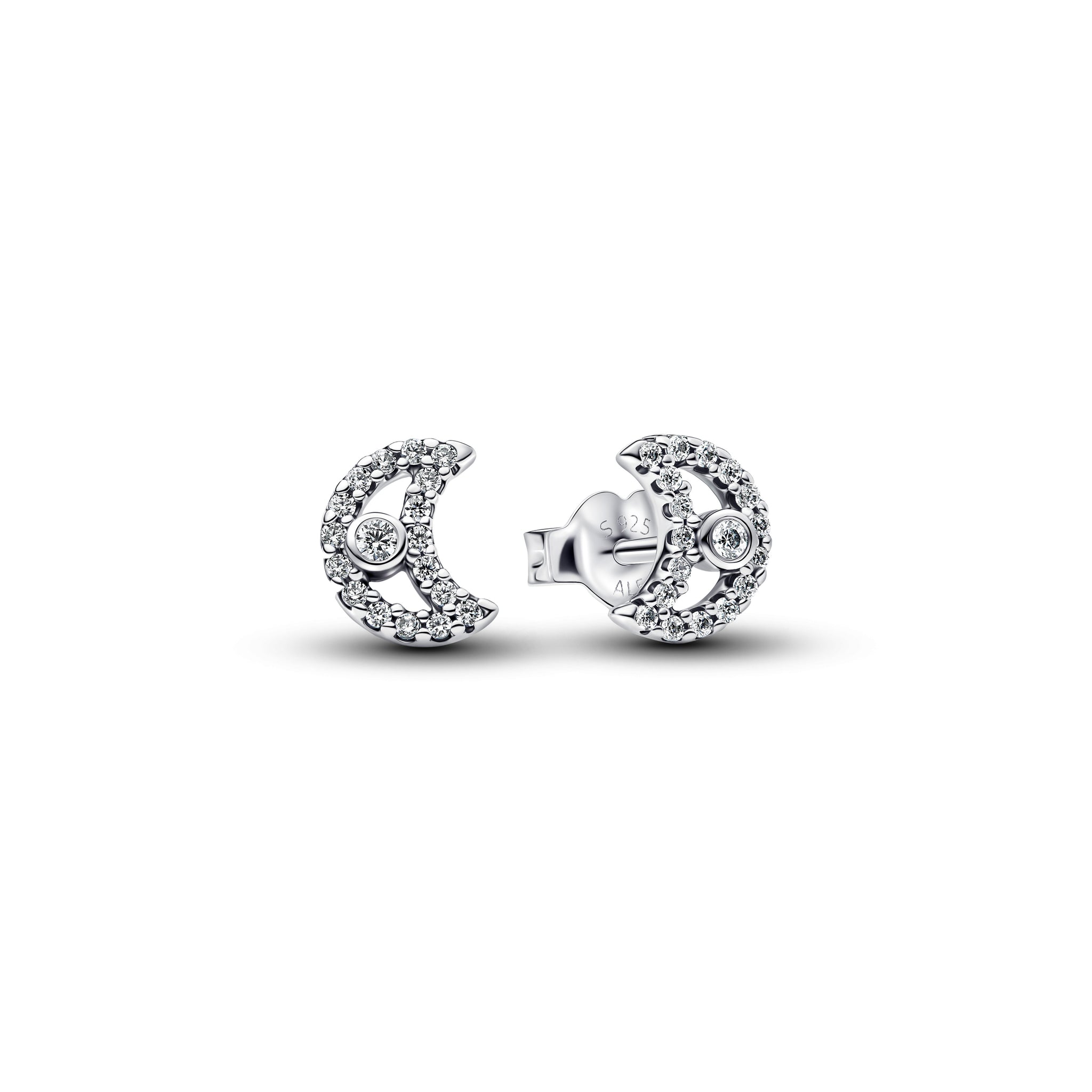 Moon Sterling Silver Stud Earrings With Clear Cubic Zirconia