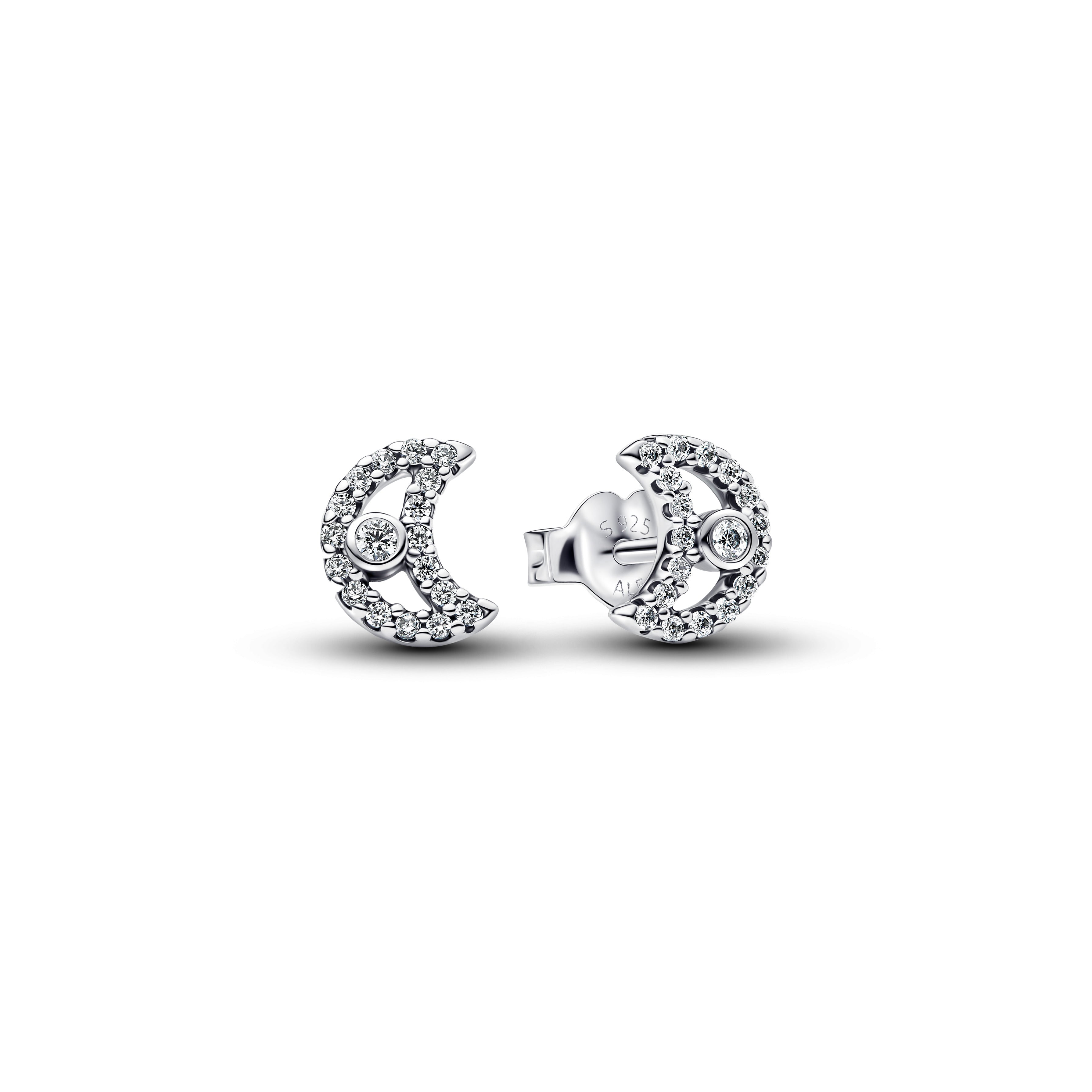 Moon Sterling Silver Stud Earrings With Clear Cubic Zirconia