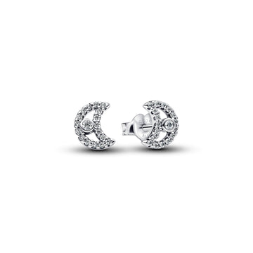 Moon Sterling Silver Stud Earrings With Clear Cubic Zirconia