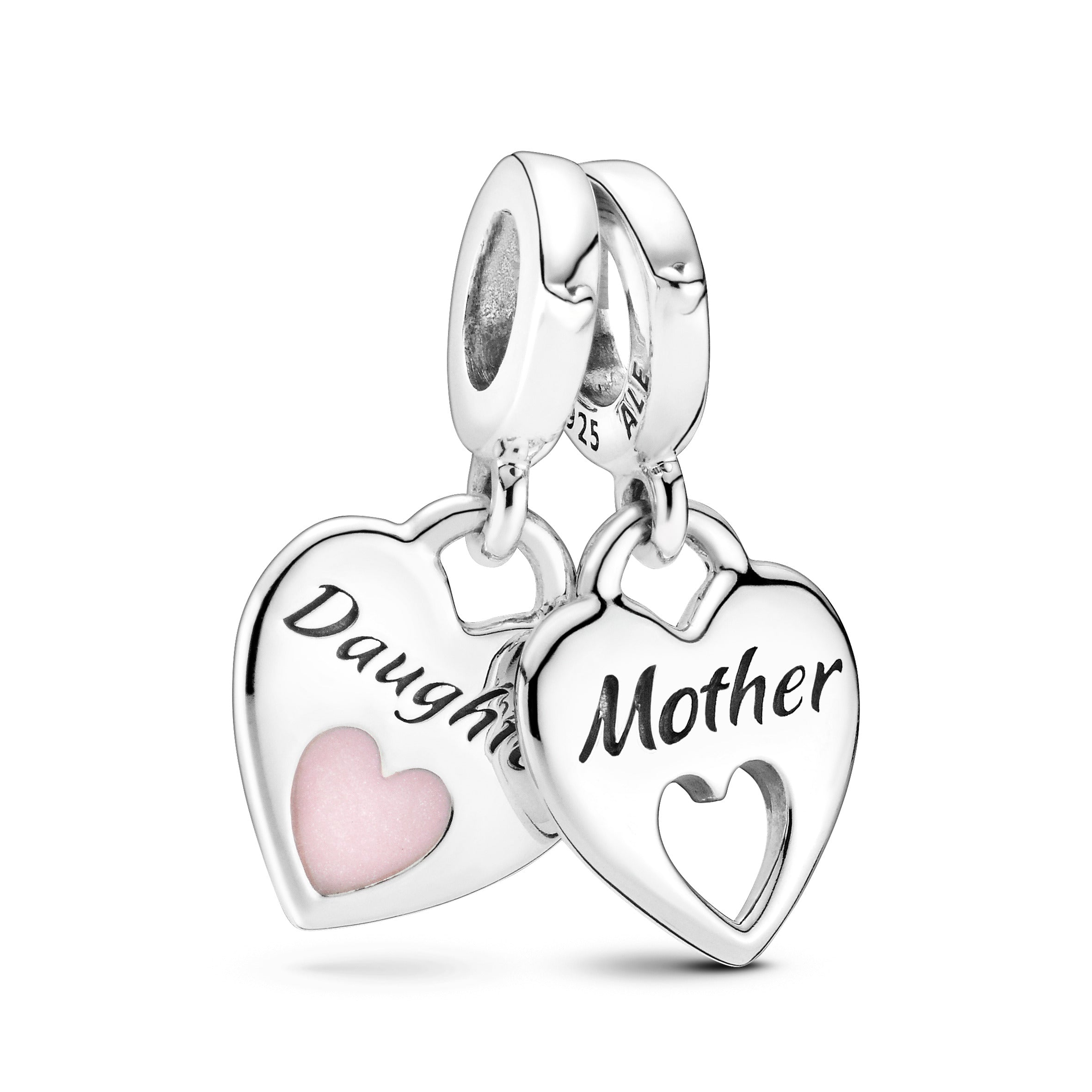 Mother And Daughter Hearts Sterling Silver Split Dangle With Shimmering Pink Enamel