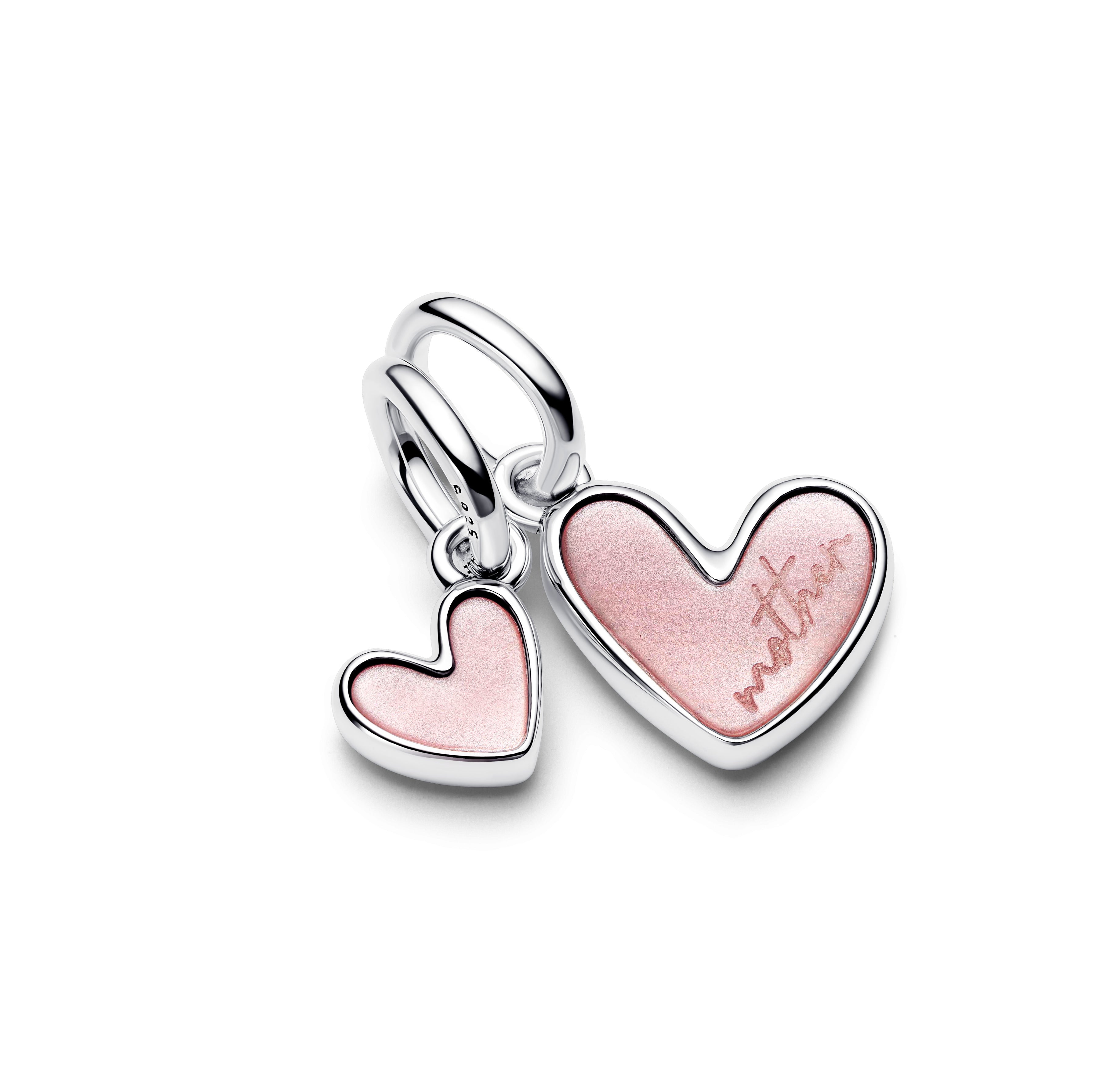 Mother And Daughter Hearts Sterling Silver Splittable Dangle With Pink Bioresin Man-Made Mother Of Pearl