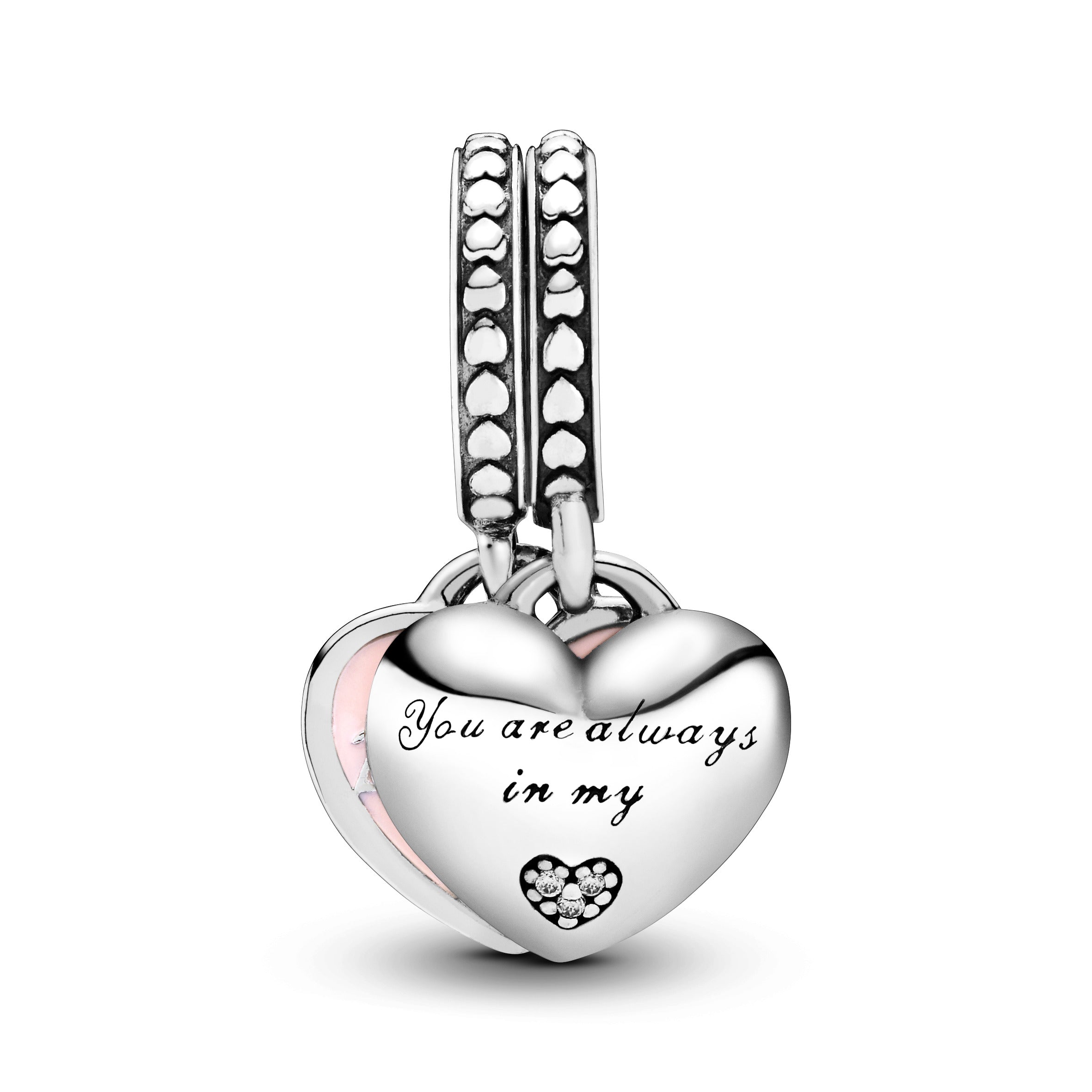 Mother And Daughter Split Heart Silver Dangle With Clear Cubic Zirconia And Pink Enamel