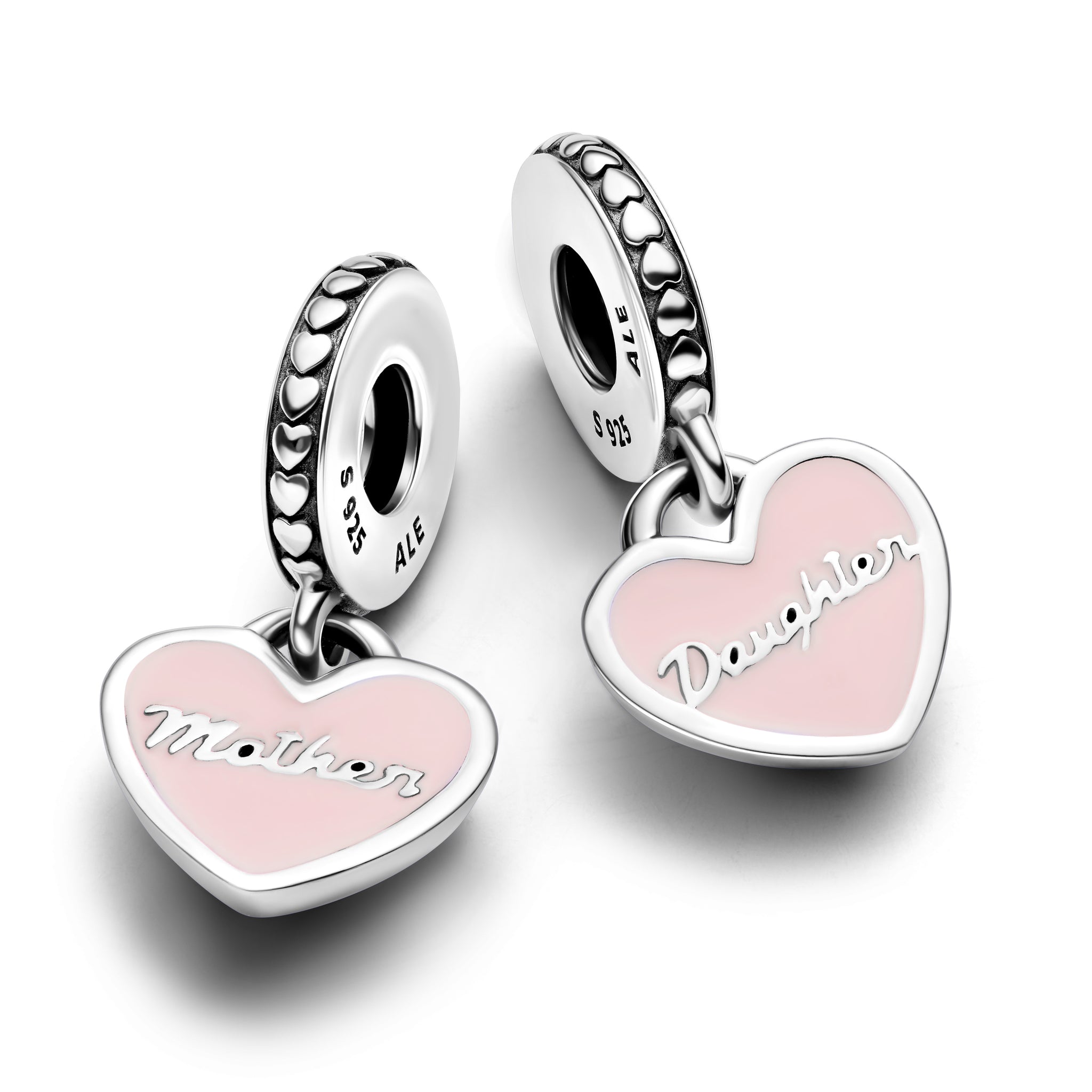 Mother And Daughter Split Heart Silver Dangle With Clear Cubic Zirconia And Pink Enamel