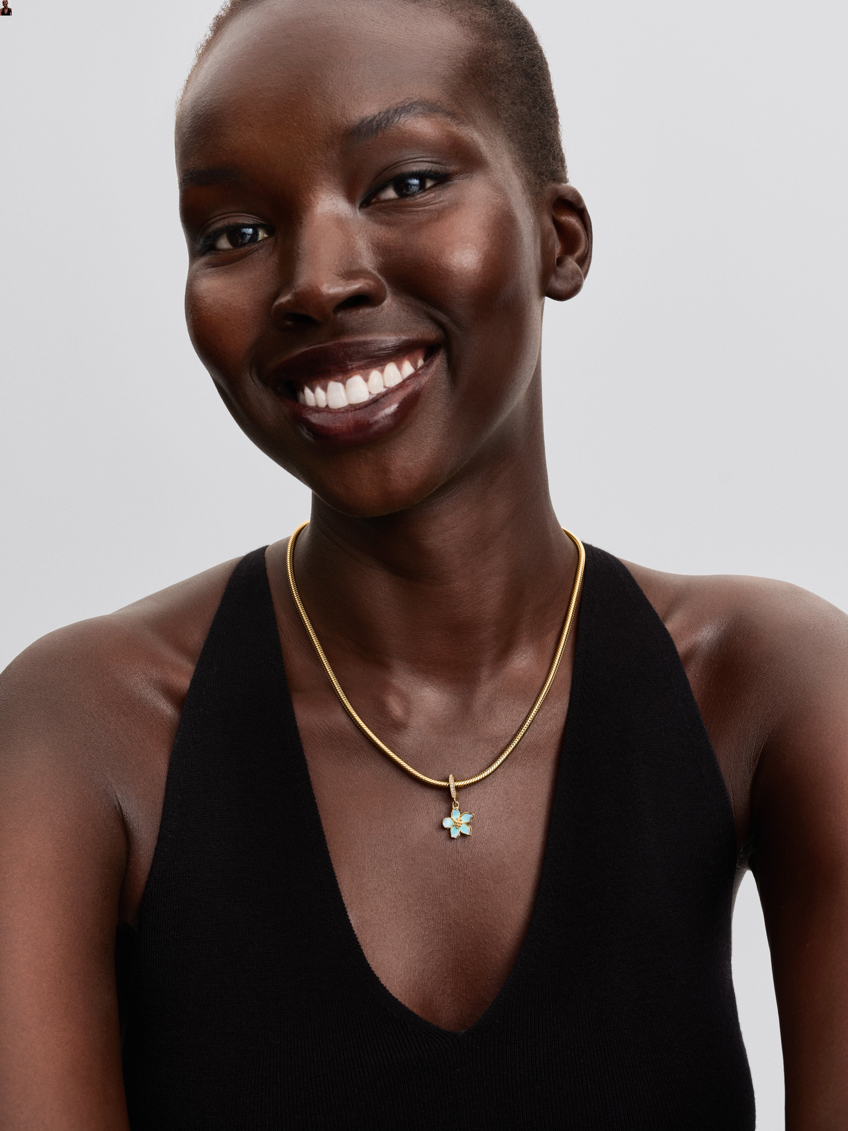 Movable Cherry Blossom 14K Gold-Plated Dangle With Clear Cubic Zirconia And Shaded Blue Enamel