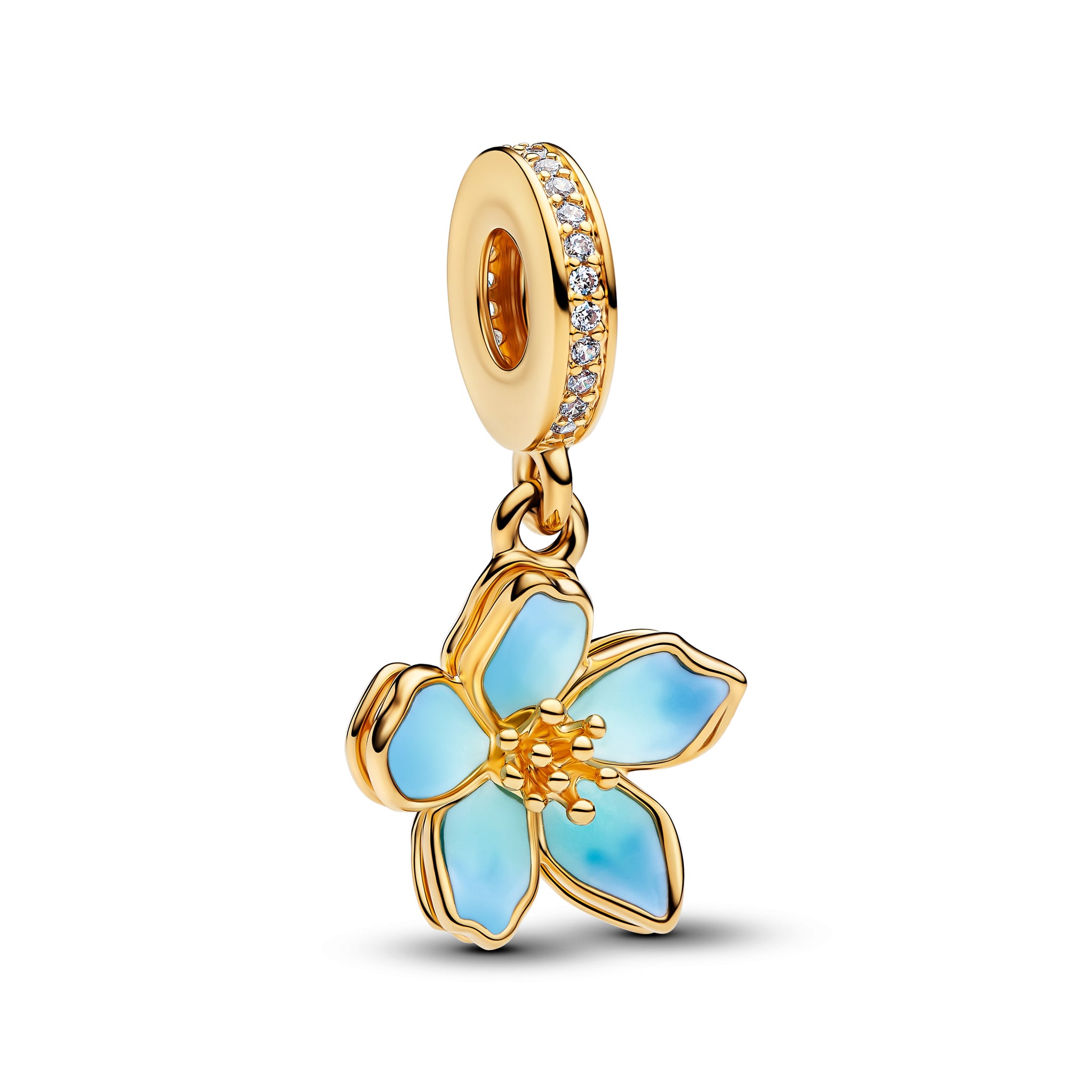 Movable Cherry Blossom 14K Gold-Plated Dangle With Clear Cubic Zirconia And Shaded Blue Enamel