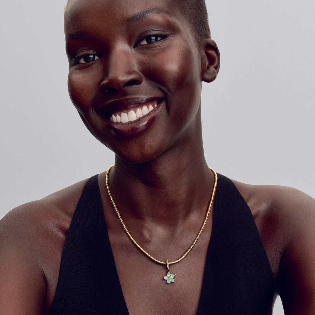 Movable Cherry Blossom 14K Gold-Plated Dangle With Clear Cubic Zirconia And Shaded Blue Enamel