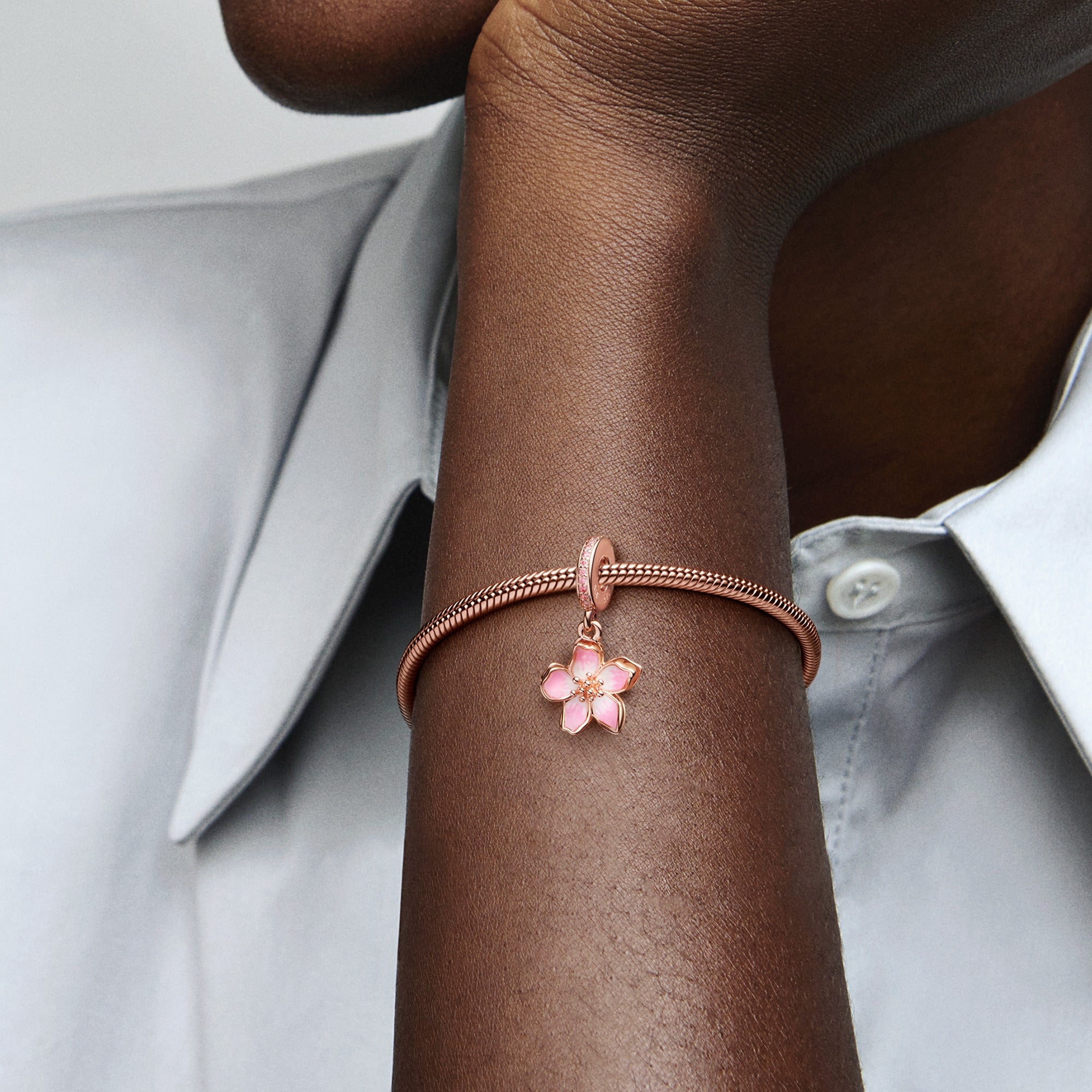 Movable Cherry Blossom 14K Rose Gold-Plated Dangle With Fancy Fairy Tale Pink Cubic Zirconia And Shaded Pink And White Enamel