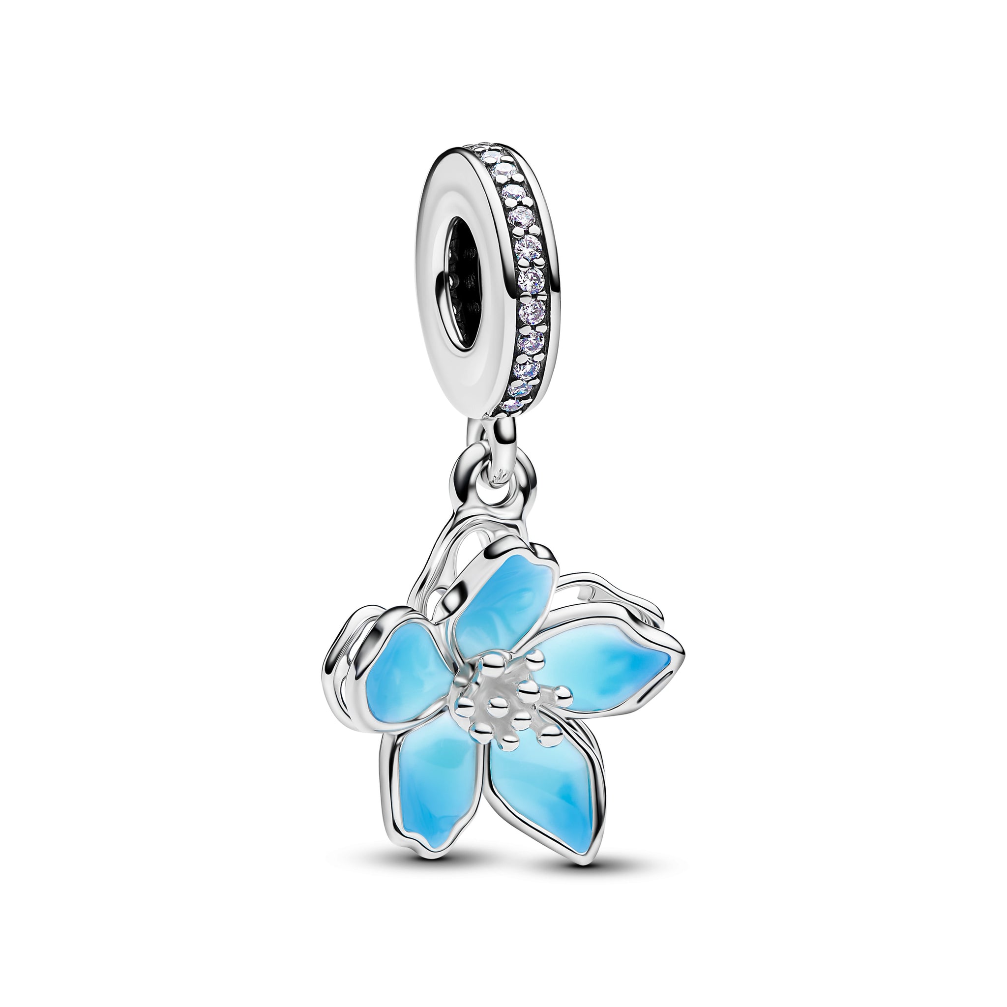 Movable Cherry Blossom Sterling Silver Dangle With Clear Cubic Zirconia And Shaded Blue Enamel