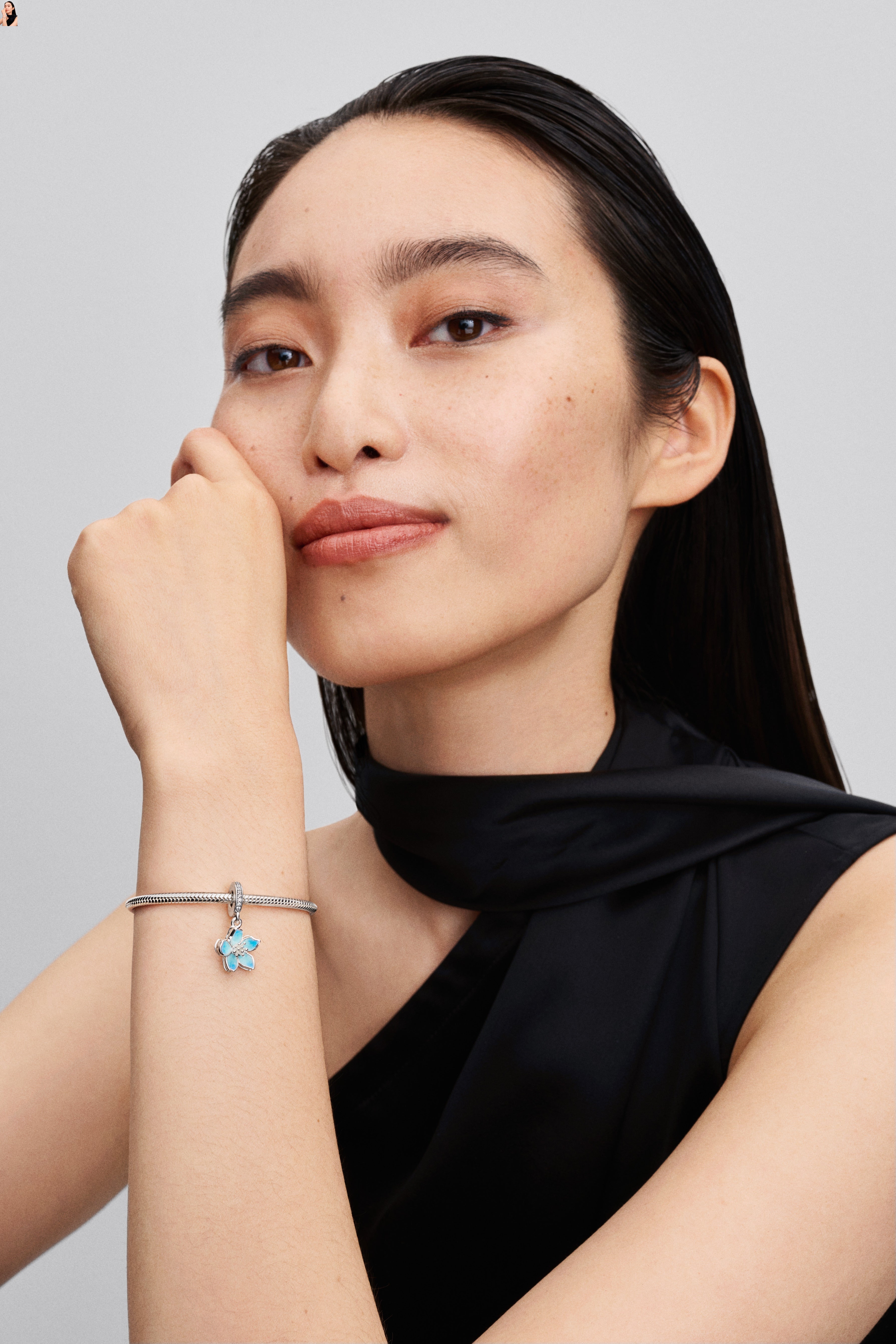 Movable Cherry Blossom Sterling Silver Dangle With Clear Cubic Zirconia And Shaded Blue Enamel