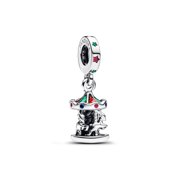 Moveable Carousel Sterling Silver Dangle With Glittery Red And Green Enamel, Red Cubic Zirconia, Green And Blue Crystal