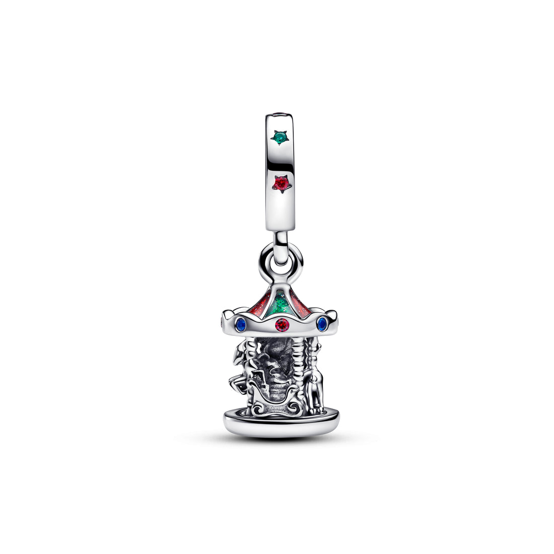 Moveable Carousel Sterling Silver Dangle With Glittery Red And Green Enamel, Red Cubic Zirconia, Green And Blue Crystal