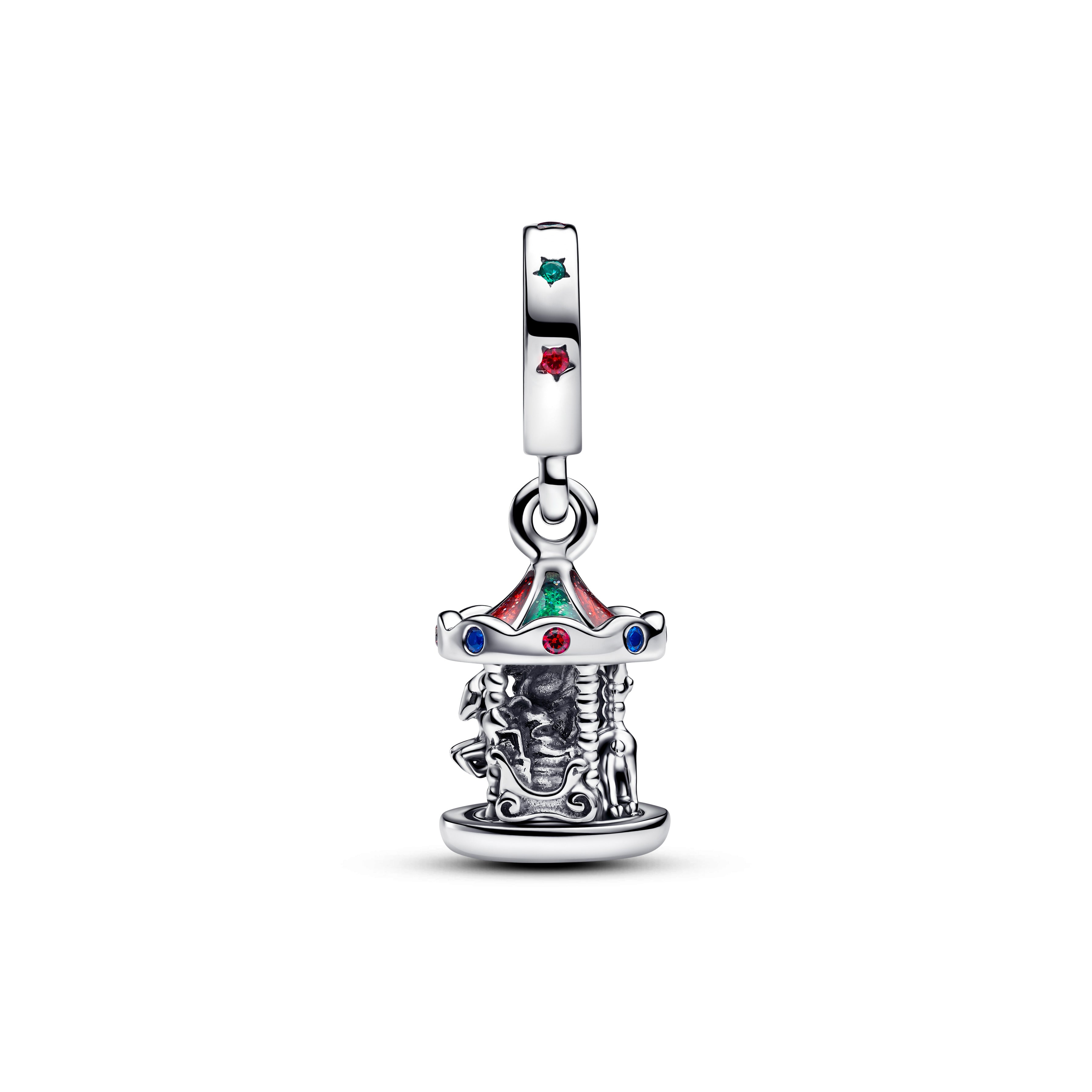 Moveable Carousel Sterling Silver Dangle With Glittery Red And Green Enamel, Red Cubic Zirconia, Green And Blue Crystal