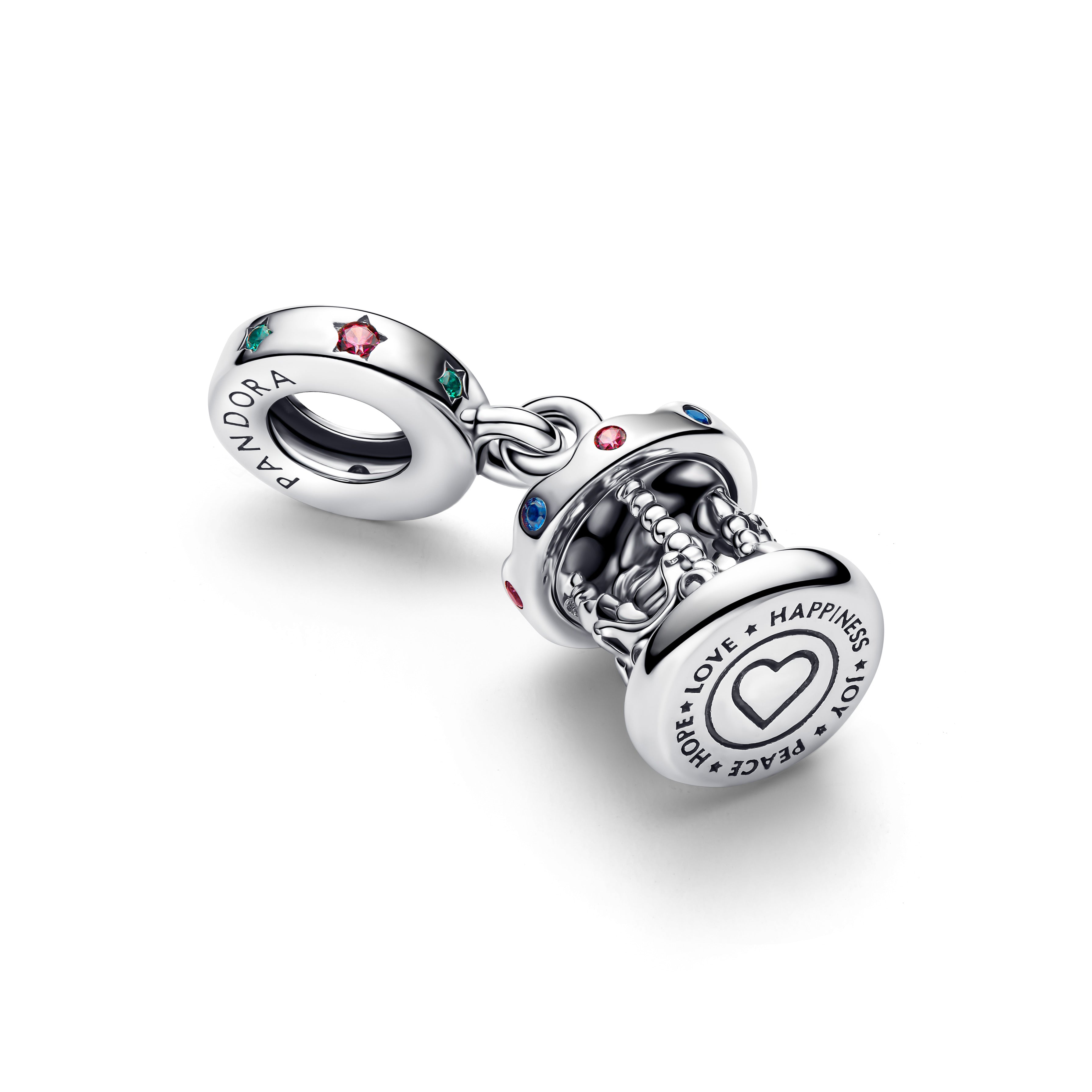 Moveable Carousel Sterling Silver Dangle With Glittery Red And Green Enamel, Red Cubic Zirconia, Green And Blue Crystal