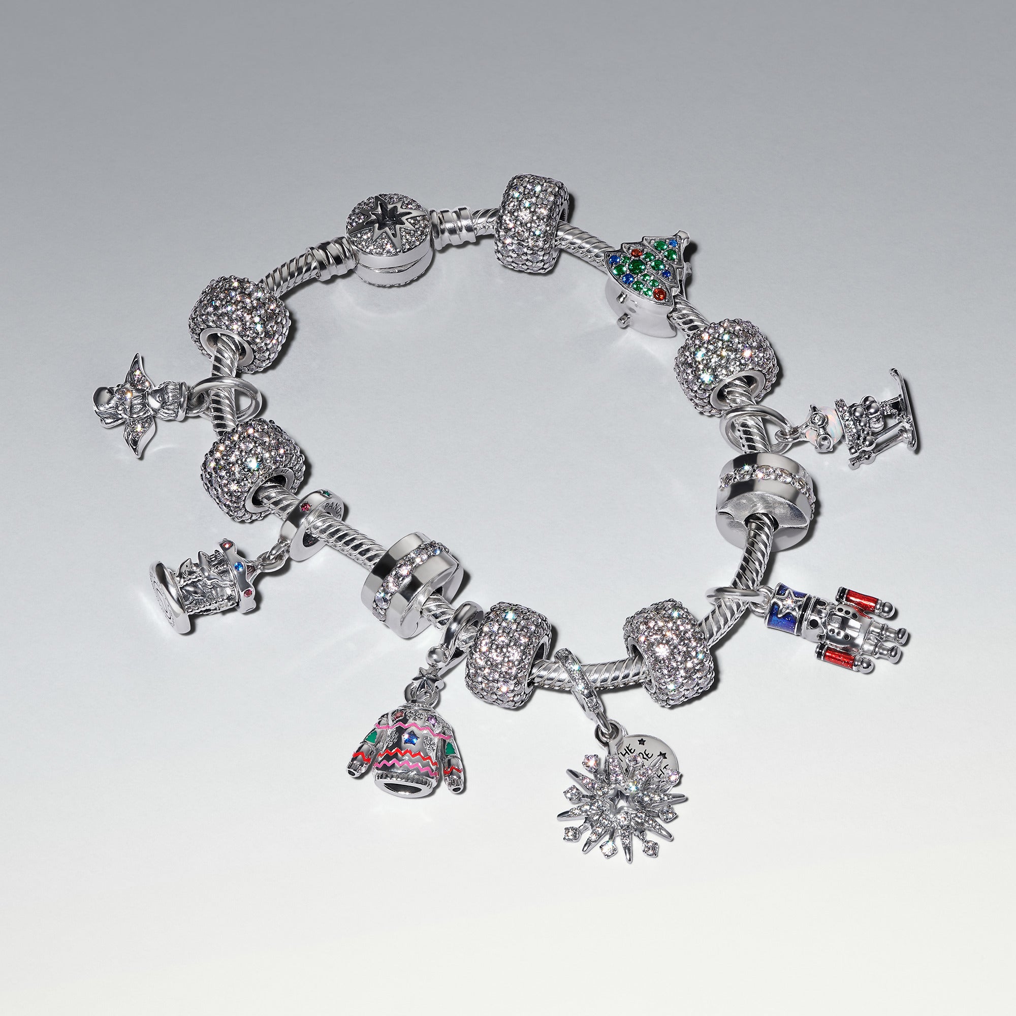 Moveable Carousel Sterling Silver Dangle With Glittery Red And Green Enamel, Red Cubic Zirconia, Green And Blue Crystal