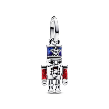 Moveable Nutcracker Sterling Silver Dangle With Clear Cubic Zirconia, Glittery Blue, Red And Black Enamel
