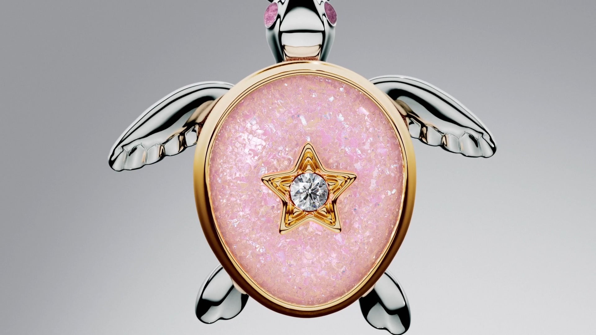 Moveable Turtle Sterling Silver And 14K Gold-Plated Dangle With 0.007 Ct Tw G-I Vs+ Round Brilliant Very Good Cut Lab-Grown Diamond And Pink