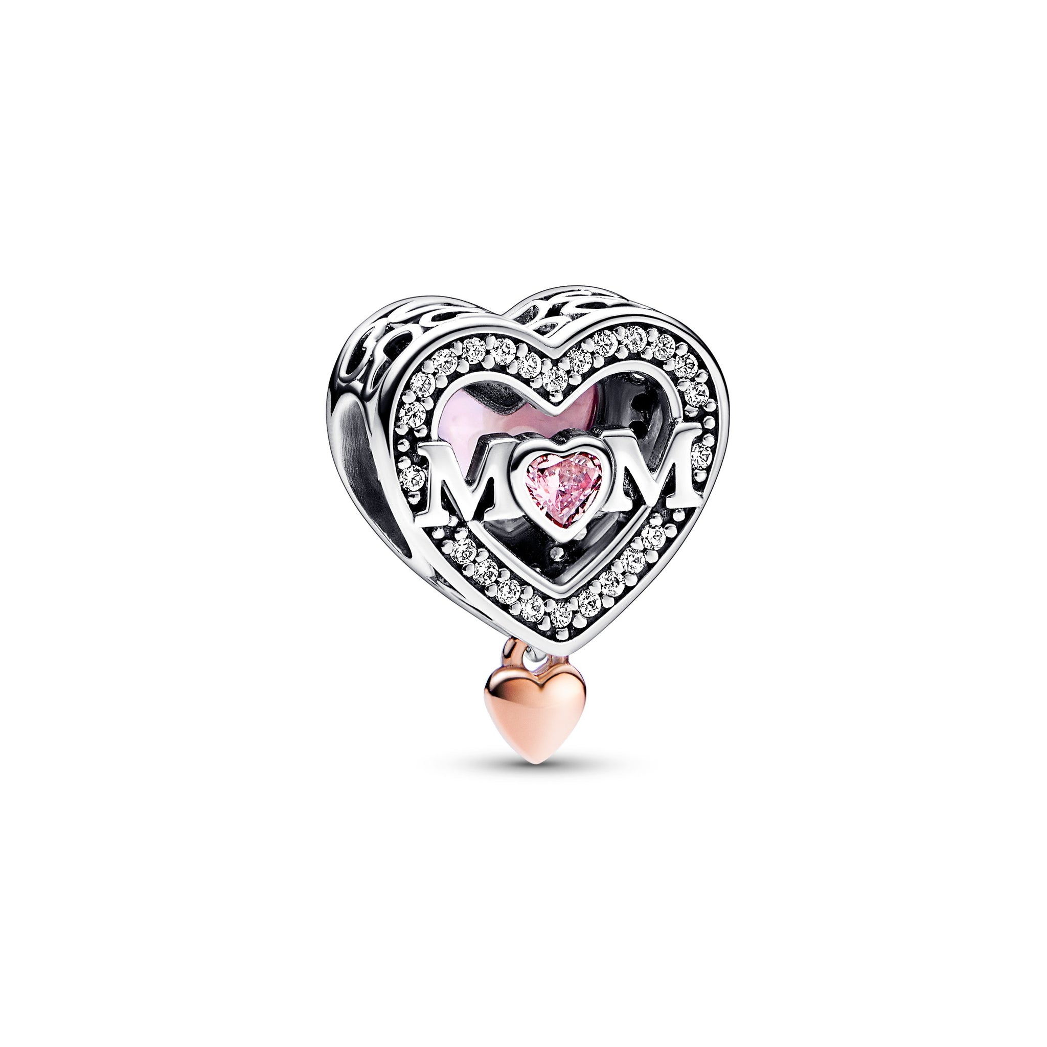 Mum Heart Sterling Silver And 14K Rose Gold-Plated Charm With Clear, Fancy Fairy Tale Pink And Pink  Cubic Zirconia