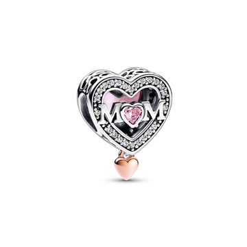 Mum Heart Sterling Silver And 14K Rose Gold-Plated Charm With Clear, Fancy Fairy Tale Pink And Pink  Cubic Zirconia