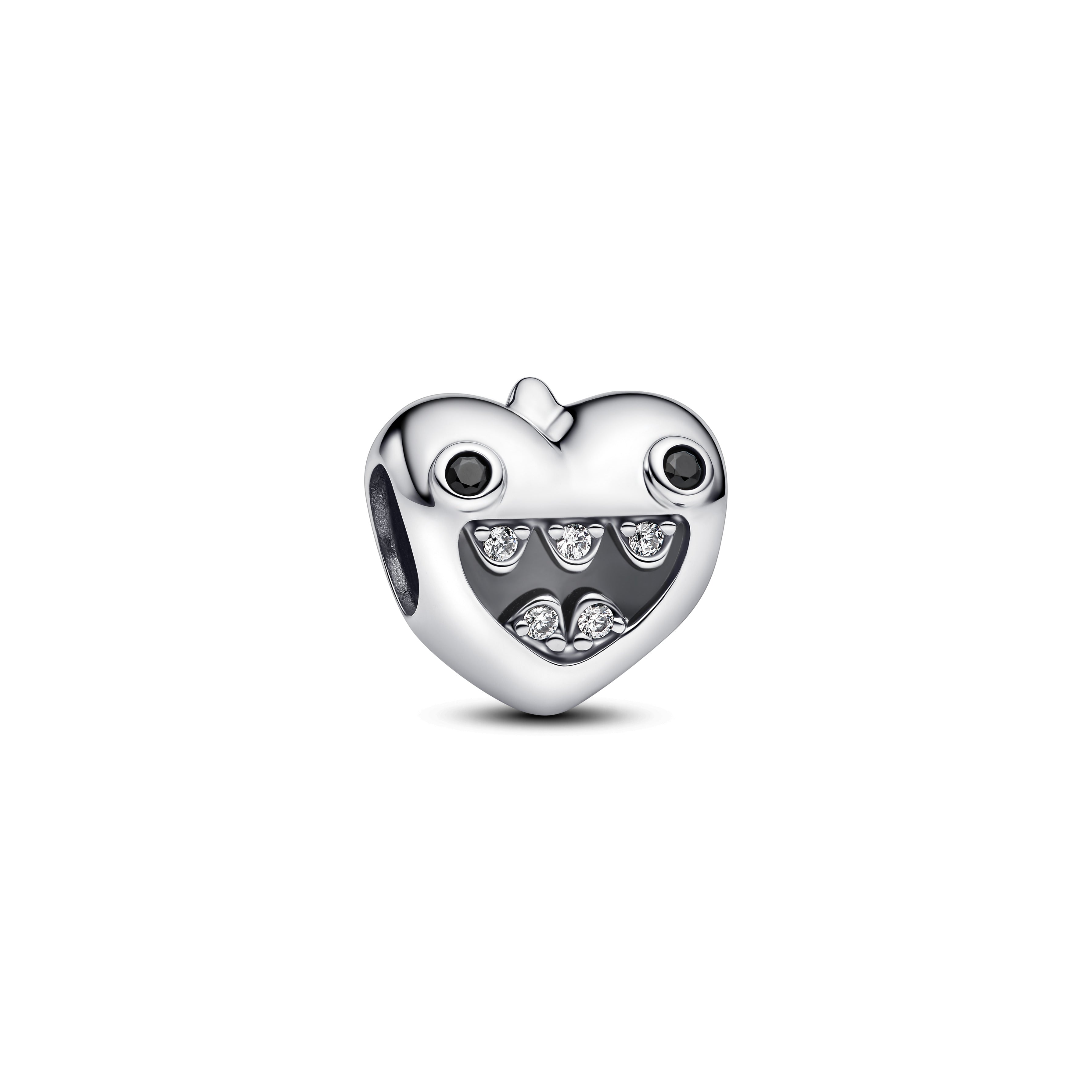 Mum Of Monsters Heart Sterling Silver Charm With Black Crystal And Clear Cubic Zirconia