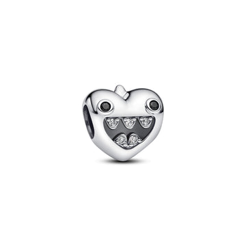 Mum Of Monsters Heart Sterling Silver Charm With Black Crystal And Clear Cubic Zirconia