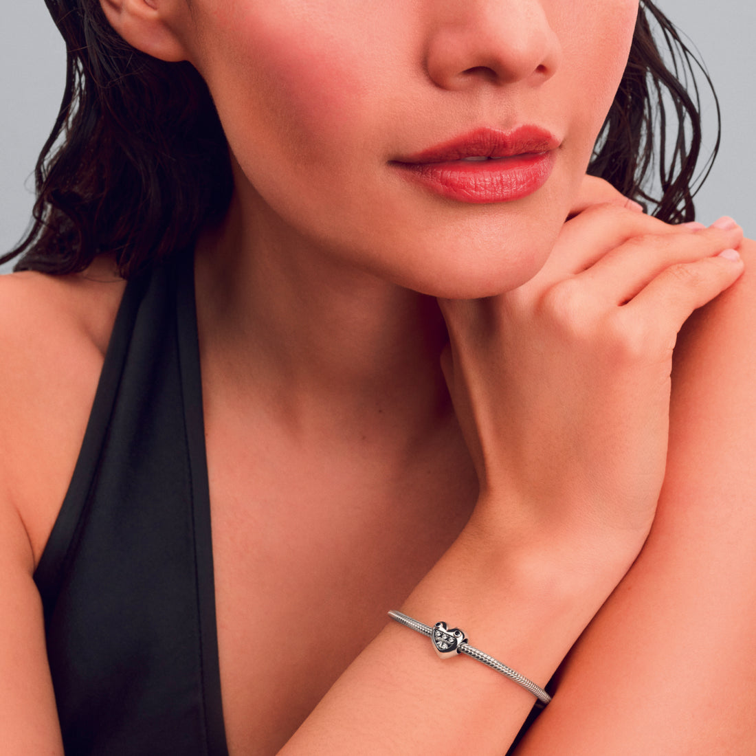 Mum Of Monsters Heart Sterling Silver Charm With Black Crystal And Clear Cubic Zirconia