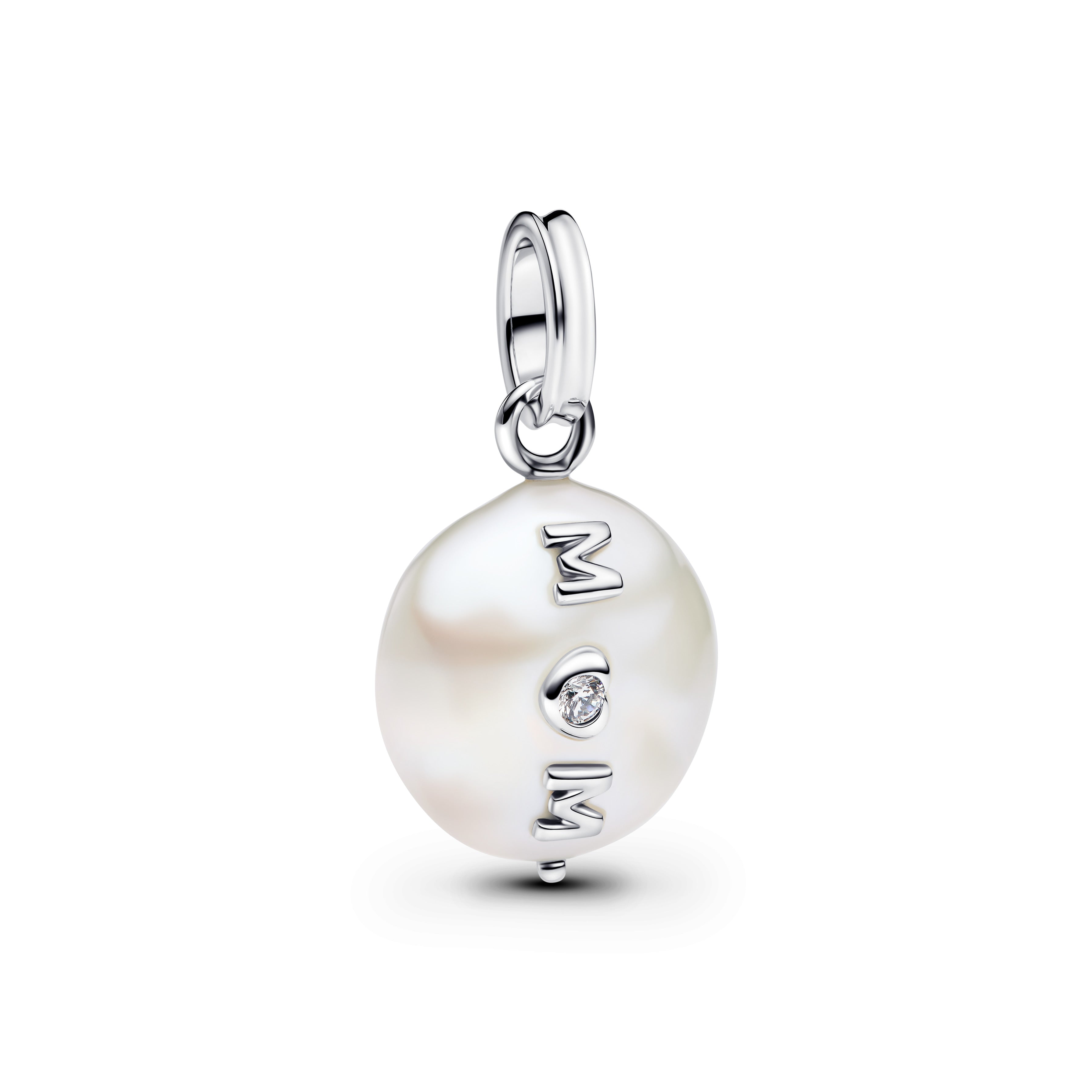 Mum Sterling Silver Dangle With White Treated Freshwater Cultured Baroque Pearl And Clear Cubic Zirconia